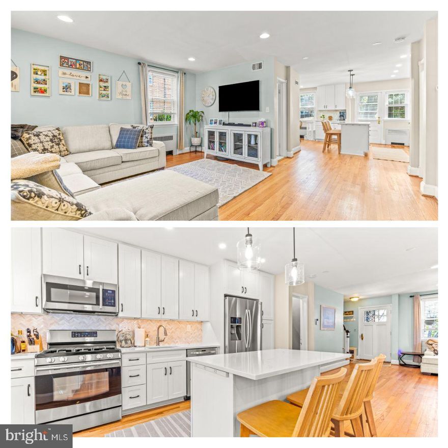 A+ Home in A+ neighborhood! This end unit Rodgers Forge gem boasts a gorgeous remodeled kitchen (2021) with white cabinetry, white granite countertops, kitchen island, bonus coffee station, and stainless steel appliances. Sellers removed down walls to create a more open concept flow from living room to kitchen and dining area. Both main level and upstairs have refinished hardwood floors. The downstairs is a finished ultimate recreation room (note: hanging swings for kids) with several storage closets, 1/2 bathroom, and unfinished laundry/utility room. The backyard is larger than most in the neighborhood and fully fenced in (sellers removed some trees). There is a parking pad behind the fence in the backyard for easy off street parking. While the property does have radiator heating, the sellers also installed a heat pump/central AC (2024). Rodgers Forge is a close knit neighborhood - there is no HOA however residents pay dues to support events like the annual picnic, Dumpster Day, the Easter Egg Hunt, the Summer Concert Series, Santa visits, tree planting, welcome kits, neighborhood advocacy, tree planting, community outreach, and other efforts to keep the great neighborhood strong. Rodgers Forge Elementary and Dumbarton Middle schools are within the borders, and Towson High School is within walking distance.