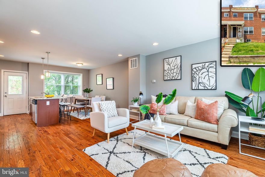 RECENTLY RENOVATED PORCH FRONT HOME W/ DETACHED GARAGE IN DUNDALK HIGHLANDS - this spacious home features an open floor plan with hardwood floors throughout the main level, large living room, separate dining room, eat-in island kitchen with ss appliances and granite countertops leading to fenced rear yard with detached garage.  Upper level offers 3 bedrooms, hallway full bathroom and fully finished walk out lower level with full bathroom and laundry room.  This home was just repainted and new carpet installed throughout - a comprehensive renovation was completed in 2016 including new electric, hvac, plumbing, roof, windows, floors, bathrooms, kitchen, basement waterproofing and so much more!