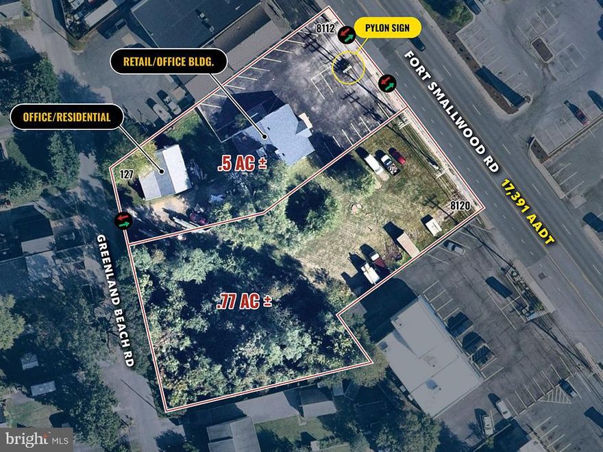Highly visible property with existing pylon signage • Easy access to I-695, I-97, Route 2, BWI Airport • Two (2) curb cuts on Fort Smallwood Road • 8112 Fort Smallwood Road: » 2,200 SF ± retail/office building » Includes kitchenette and two (2) restrooms » New roof (2022) » Power: 3 phase 200amp • 8120 Fort Smallwood Road: » .77 acre ± adjacent lot also included, with outdoor storage permitted • 127 Greenland Beach Road: » 1,546 SF ± office/residential dwelling » Additional income potential/redevelopment opportunity