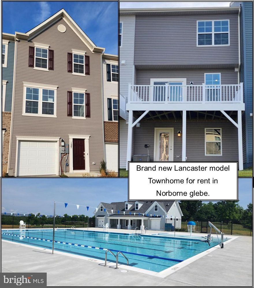 Brand new Lancaster model 3 level Townhome for rent in Norborne Glebe. 3 BR, 2 full bath, 2 half bath. Luxury vinyl plank flooring on main level. Beautiful kitchen with upgraded countertops, all appliances including washer dryer. composite deck, 1 car garage, finished recreation room and half bath on lower lever. Rent is $2100 per month, security deposit $2100, application fee is $55 per adult. NO PETS. Landlord pays HOA fee which includes trash. Tenant pays water, sewer, electric. Tenant must have renter's insurance. Blinds, ceiling fans have been installed.