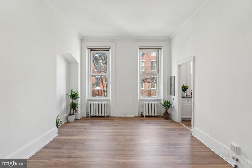 Spacious 1-Bedroom Apartment  in Prime Rittenhouse Square Location.  Located in the heart of Philadelphia’s most coveted neighborhood, this newly renovated 1-bedroom apartment offers the perfect blend of modern comfort and historic charm. Situated in a classic brownstone building, this prized apartment boasts 14 foot ceilings and massive windows that fill the space with tons of natural sunlight.  The gourmet kitchen is equipped with new stainless steel appliances and sleek black granite countertops. The living room is enormous allowing for multiple furniture configurations.   The large bedroom features an elegant chandelier, huge custom built closet and plenty of space for a cozy retreat.  Enjoy a sleek, contemporary bathroom with a tiled walk in shower. Stay cool all summer long with energy efficient central AC.  Brand new laundry machines located in bedroom closet for the ultimate convenience.  Large, secure storage compartment in basement of building.   This apartment is perfect for anyone who loves vibrant city living while enjoying a peaceful, sun-filled retreat at home.   Don’t miss out on this rare offering in one of Philadelphia’s most sought-after neighborhoods!  Heat & Water included with rent