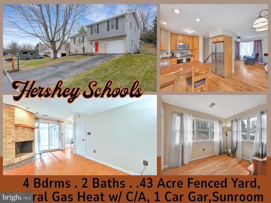 Welcome to this well-appointed split-level home located in the highly sought-after Derry Township/ Hershey School District, tucked away on a quiet, low-traffic loop street. Set on an approximately .43-acre lot, this  4-bedroom, 2.5-bath residence offers a thoughtful layout, quality updates, and inviting indoor and outdoor living spaces.

The heart of the home is the kitchen, featuring quartz countertops, stainless steel appliances that remain, and a pantry, seamlessly connecting to the dining area and living room—ideal for both everyday living and entertaining. Just off the kitchen, enjoy a cozy family room with a fireplace, a private **office**, and a bright **three-season sunroom with skylights** overlooking the fenced in rear yard.

The above-grade lower level offers a spacious bedroom with excellent closet space and a full bathroom, perfect for guests or flexible living arrangements. Upstairs, you’ll find three additional bedrooms, all with hardwood floors and closets, along with a  second full bathroom with tub/shower. A conveniently located laundry room and half bath add to the home’s functionality.

Additional highlights include central air, natural gas heat, 200-amp electric service, a roof less than 10 years old, and an attached one-car garage. Outdoor living is enhanced by a deck off the dining area and a patio, providing multiple spaces to relax or entertain. A utility room with shelving offers ample storage.

Ideally located **close to Hershey Park, The Medical Center, walking trails, and parks**, this home combines comfort, convenience, and an excellent location—an outstanding opportunity in Derry Township.