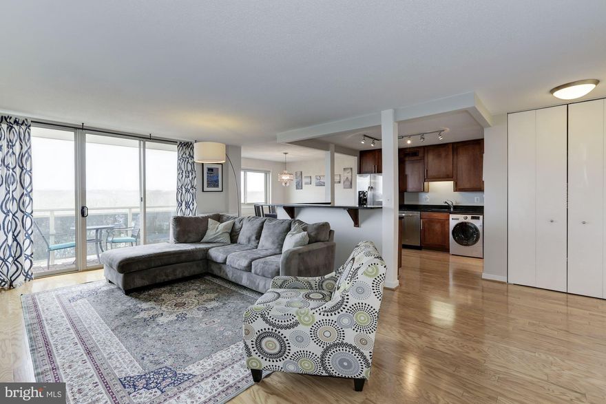 Welcome to Takoma Overlook, a conveniently located condo with amenities galore!   Unit 1112 is a bright and spacious two bedroom, two bath home with an open layout, in-unit washer and dryer, and private balcony with gorgeous sunset views for miles.  This unit was customized with hardwood floors throughout, granite countertops and stainless steel appliances in the kitchen and custom window coverings.   A monthly fee of $656.00 covers ALL utilities (water, electric, gas), an on-site property manager, and access to the complex amenities, including pool, tennis courts, fitness center, picnic area, and dog park.  The location is in the heart of Takoma Park, and close to the upcoming Purple Line.  One surface parking space conveys with the unit and guest parking is a breeze!  Rental storage is available and pets are welcome!