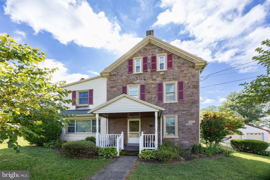 Charming 3 Bedroom, 1.5 Bath Brownstone Farmhouse in North Coventry Township, ideally situated just minutes from Routes 100, 724, and 422. Enjoy the convenience of being within walking distance to a variety of dining and shopping options. Relax on the charming front porch before stepping inside to a spacious Eat-In Kitchen with gas cooking, dishwasher, and refrigerator. The main level offers a warm and welcoming Dining Room with closet, a convenient powder room, and easy access to the basement. The Family Room features beautiful hardwood floors and a brick hearth, perfect for adding a cozy stove. Upstairs, you’ll find three comfortable Bedrooms and a full hall bath with a classic tiled shower/tub. The finished third-floor attic, complete with a closet, makes a wonderful bonus space. Outside, enjoy a large detached 24' x 27' 2-Car Garage with storage above, plus a handy shed for all your extras. All this plus a New Roof on the House in 2024.