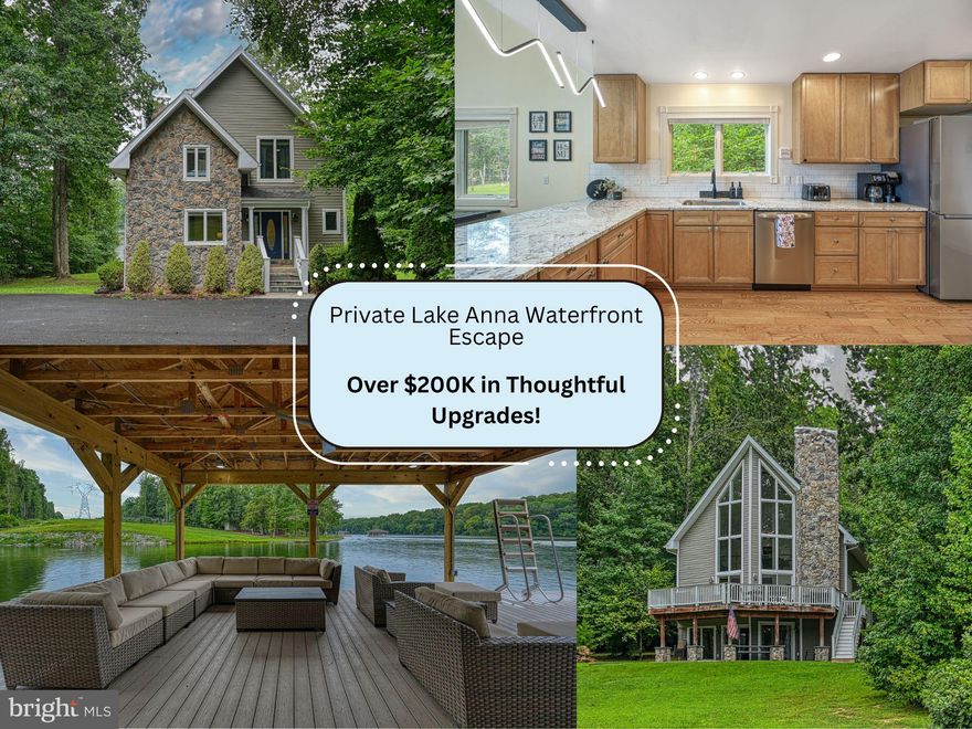 Welcome to your private waterfront retreat on the sought-after private side of Lake Anna. Nestled on over one acre in an established, tree-lined neighborhood, this beautifully maintained A-frame home offers exceptional privacy, mature landscaping, and breathtaking, unobstructed water views.

Designed to maximize its stunning setting, the home features dramatic floor-to-ceiling picture windows across the rear, filling the space with natural light and showcasing panoramic lake views from multiple levels.

This 3-bedroom, 3 full bath home (with a fourth non-legal bedroom/guest area on the lower level) has been thoughtfully updated with over $200,000 in improvements, including a brand new custom boathouse and seawall, EV charging station, and comes fully furnished for a true turnkey experience!

The main level features hardwood flooring throughout and a spacious U-shaped kitchen with newer stainless steel appliances, new granite countertops, abundant cabinetry, and an oversized pantry. The kitchen flows seamlessly into a generous dining area with additional bar seating, ideal for entertaining. The open-concept great room is anchored by a striking floor-to-ceiling stone gas fireplace and framed by expansive floor to ceiling windows overlooking the water.

Also on the main level is the primary suite with dual closets, a full bath with tub/shower, and a conveniently located laundry room.

Upstairs, a beautiful loft with skylight overlooks the great room and captures incredible water views through the A-frame windows. Two additional bedrooms with vaulted ceilings share a full bath featuring a skylight, dual vanity, and tub/shower.

The walkout lower level offers a spacious recreation area complete with wet bar, refrigerator, pool table, and a cozy den with a second fireplace. This level also includes a fourth (non-legal) bedroom/guest space and a full bath, along with sliding glass doors that open to a covered concrete patio with lake views.

Outdoor living is just as impressive, with a private deck off the main level surrounded by mature trees and overlooking the water—perfect for enjoying sunset views. A path leads down to the shoreline where you’ll find the brand new custom boathouse featuring deep water, a covered slip (fits a 22’ wake boat for reference), sundeck with ladder, covered seating with ceiling fan, and a spacious storage room. The new seawall includes steps down to a sandy beach area for easy water access.

Additional upgrades include newer appliances and major systems, updated lighting and fixtures, new LVP flooring on the lower level, smart lock front door, whole-home surge protection, and a wireless water monitoring system with auto shutoff, ensuring peace of mind in your waterfront investment. 

Located in Cuckoo’s Nest, a well-established lake community of nearly 200 wooded homesites on the private side of Lake Anna, residents enjoy access to two common areas featuring a boat ramp, covered pavilion, private beach, picnic areas, and assigned boat slips—bringing convenience and lifestyle together.

With its blend of privacy, thoughtful updates, flexible layout, and exceptional waterfront improvements, this home presents a rare opportunity to enjoy Lake Anna living at its finest. Check out our video and 3D tour!!