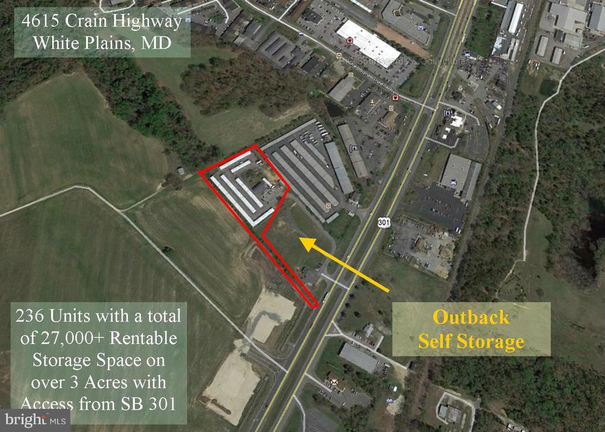 Currently Outback Mini Storage.  236 units, an office building.  a tenant on the 2nd floor and a Tenant in a House trailer.Approx 27,000 s/f of Rental units. Sizes vary from 5 x 10 - 10 x 20. Large outside storage lot. All fenced with security lighting and Gate code entrance.  with   additional space for a  Contractor's office and storage facility.  Excellent road frontage on Route 301.