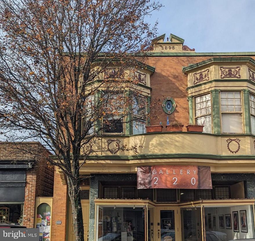 This Historic 1896 , 8264 sq.ft. Victorian Architecture is in Historic Downtown Havre de Grace.  The building consist of a 5744 downstairs commercial area, presently Gallery 220 and a 4 bedroom, 2 bath,  second story apartment, 2520 sq.ft.

The first floor has a 2,500 gallery, 1500 sq.ft. storage area, wth a 2nd floor back storage area/office that leads to back exit onto Ldoge Ln.

The retail commercial space has a unisex bathroom with separate storage areas and loft office.  The office opens to the back of the building and Lodge Lane.

Beautiful details abound in the apartment.  Roof atrium, plaster, ornate ceilings and original hardwood inlay floors.



By appointment only.