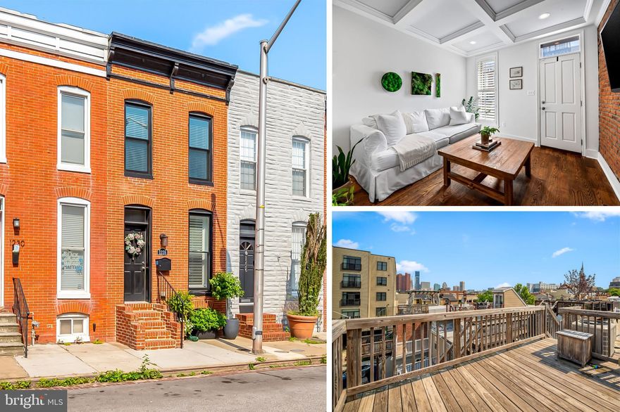 Welcome home to 1228 Patapsco Street, located in the heart of Federal Hill! This home was gut-renovated in 2018 and has been kept in pristine condition since. There are approximately 4.5 remaining years of the CHAP tax credit that will convey to the next buyer, saving you thousands of dollars in taxes! (Tax bill for 24'/25' less the credit is $4,193, saving approximately $349/month or $4,898/annually. Buyer to verify time on CHAP left.) Upon entering the main level, you'll find a beautifully coffered ceiling in the living room, exposed brick, and plenty of natural light. The kitchen is timeless, with ample white cabinetry, quartz counter tops, SS appliances, and an upgraded marble backsplash. Upstairs are 2 spacious bedrooms and bathrooms, with the primary suite in the rear of the home. Access to the rooftop deck is in the hallway, which has fantastic city skyline views. (Roof was also resealed with GACO material in 2025.) In the finished basement is the 3rd bedroom and bathroom and a bonus space at the base of the stairs, which can be used as a home office, gym, etc. Easy parking in the rear of the home for 1 car and on the street. Conveniently located on a quiet street walking distance to Cross Street Market, Federal Hill & Riverside Parks, M&T Bank Stadium, Camden Yards, and all of the amenities that South Baltimore has to offer.  Easy access to I-95, I-295, and MARC Trains. Don't miss out on this great opportunity!