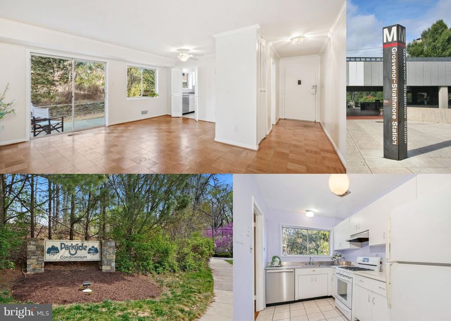 Welcome home to this light-filled, very well-maintained first floor condo in the Convenient and Popular Parkside Community. The kitchen is sparkling clean and has a private and peaceful view of a wooded green space. You will appreciate the open floor plan of the shared dining and living spaces with beautiful hardwood parque flooring that is in excellent condition. Step directly onto the large patio via the sliding glass door to enjoy quiet moments outdoors. The primary bedroom is spacious with two closets and the full bathroom boasts a tub/shower combo.  Access to the tidy laundry area is only one floor down and there is a storage space for the unit on this floor as well.  The Parkside community offers fantastic amenities including a pool, tennis courts, and easy access to Rock Creek Park with miles of hiking and biking trails- it has been recognized as the 2025 "Large Association of the Year" for it's management and satisfaction rating. The condo is also a short walk to the Grosvenor Metro and close to major commutor routes.  Other Bonuses include easy access to the Strathmore Hall, Whole Foods and many other convient eateries and shopping opportunities as well as highly rated school assignments. This home is an absolute MUST SEE!