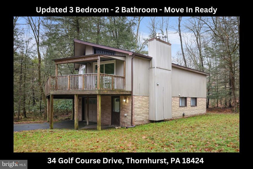Enjoy life in the Poconos in this updated 3 bedroom raised ranch with a flex room that can be a Game Room, Living Room, or 4th bedroom located in the sought after Thorntonhurst Country Club Estates, a community that offers amenities such as a 9-hole golf course, tennis courts, basketball courts, outdoor pool, playground, clubhouse, pavilion and more. This is truly a turnkey home with nothing to do but move in and unpack. The interior boasts an updated, fully applianced kitchen with lots of storage space, propane fireplace, pellet stove that heats the entire home, and open concept Family Room, Kitchen and Dining area. Sliding glass doors in the second floor family room lead to a spacious outdoor deck that offers views of the beautiful nearby state forest near Bear Lake and short drive to Arrowhead Lake, Jack Frost and Big Boulder Ski Resorts. North Pocono schools. This is the BEST VALUE in the area and will not last long. The actual address is 34 Golf Course Dr, Thornhurst, PA 18424. Some MLS populate incorrect info.