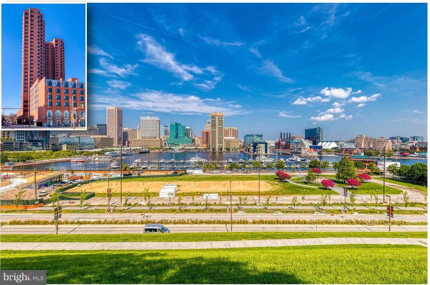 Enjoy everything the city has to offer from this fantastic location!! Conveniently located for commuters in and out of the city. Don't miss this spacious downtown condo with breathtaking, panoramic harbor and skyline views and access to amazing community amenities! French doors open to this luxury condo boasting gleaming hardwoods and amenities galore! Large living and dining rooms with huge windows, office nook, and coat closet leads to generous kitchen with ample cabinetry and counterspace!  Main level boasts two generous bedrooms, two full baths and laundry room. Luxurious master suite with walk-in closet and attached spa like bath features a spacious stand in shower with seat!  Condo fee includes a doorman, 24 hour front desk staff, assigned parking in garage, storage space, gorgeous lobby, elevator and more! Recreation membership includes pool, hot tub, multiple sport courts, and fitness center! Relax in the courtyard under the gazebo or walk downtown to the Inner Harbor! Enjoy Baltimore’s historic sites, spectacular firework celebrations and long walks around the Inner Harbor promenade. Quick and easy access to I-95, 395, 83 and the Marc train make this location ideal. All of these wonderful features and views, plus one assigned parking space can be yours!