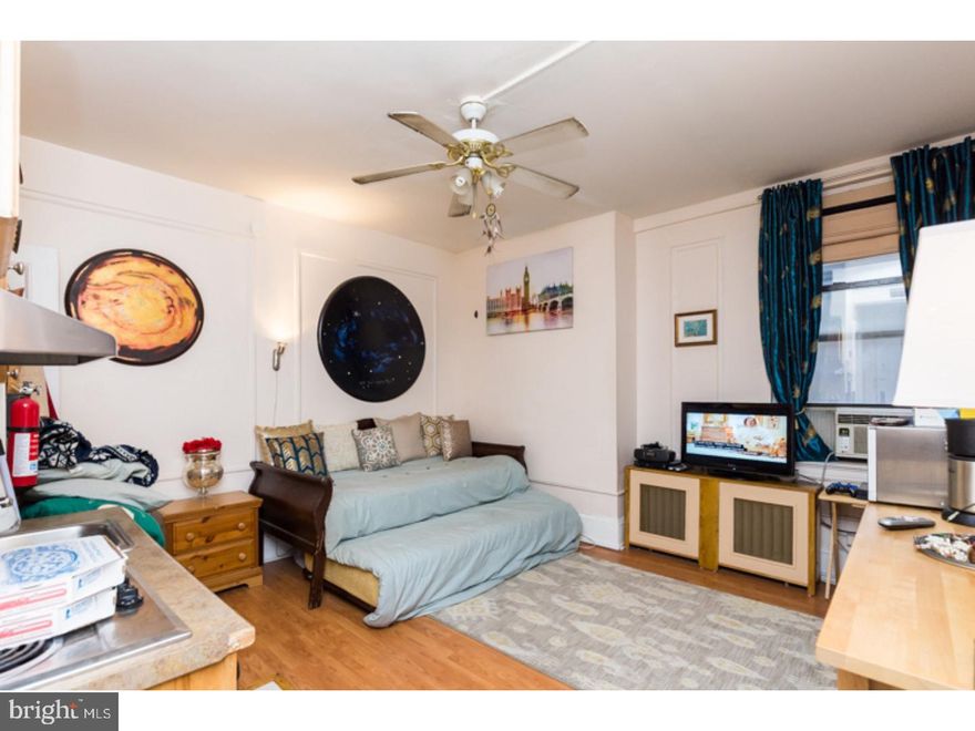 Available early May:  Fully furnished studio condo in the Arts Condo Building. Rent INCLUDES ALL UTILITIES, even Cable TV with free HBO. Unit itself has Day-bed with trundle below, desk, all utensils and kitchenware, artwork, etc. Live right in the heart of Philadelphia, off of the Avenue of the Arts-- surrounded by famous entertainment, theater, dining, art galleries and Universities, and much, much more.  Building amenities include 24/7 front desk attendant/security, laundry facilities, Fitness Center, Internet terminals in lobby, Bike storage, Salon/Barbershop on site and more.  This unit is available either fully furnished or unfurnished.  First month, last month, one month security deposit due at lease signing. $45 application fee per applicant. $250 move-in fee. Pets are conditional and may require an additional deposit or fee, if accepted. Building imposed 40lb weight limit for pets. All utilities are included in rent, tenants responsible for in-unit internet.