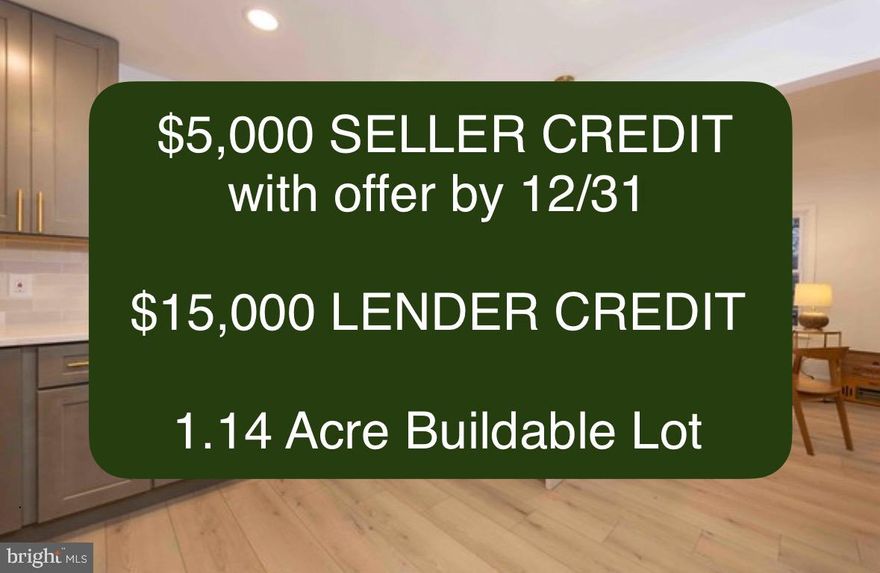 ::::: $5,000 Seller Closing Help available on offers submitted by Sunday, December 31st. :::::

Additional $15,000 Lender GRANT available, both first time & non-first time homebuyers are eligible.   Endless Loan options to fit your specific needs.  Contact Listing Agent for details. 

NEW roof, electrical, plumbing, HVAC, water heater, flooring, kitchen, appliances, bathrooms… you name it. It’s all new here! 

Fully renovated 4BR/3BA SFH with a detached garage on 1.14 Buildable acres, centrally located with no HOA.  Under ten minutes to the new FBI HQ. 

Modern Rural living at its finest. 7” wide luxury vinyl flooring throughout. The kitchen is complete with 42” cabinets & Quartz countertops that waterfall to the floor.  Enjoy main level living with 3BRs & 2BAs accessible without climbing stairs.   The large, open primary suite has its own bathroom & oversized closet.  Down the hall are two BRs & one BA.  One flight up takes you to the “penthouse suite”. This open concept studio spans the front of the house. Walk down to another living space complete with its own full bathroom.  Open concept can be used for an additional bedroom, entertaining space or office.  Easy basement access from the side entry makes it a great rental option as well. 

The detached garage is yours to decide… run your own business, expansive work from home office, lady lair, man cave, gym, au pair suite, aging adults, additional entertainment space, major guest suite, hobby shop or an income generating Airbnb.  County approval for ADU type development of the garage.  Contact the Listing Agent for further details. 

Overlook your 1.14 acres.  Relax by the fire with family & friends. There’s plenty of land for whatever your heart desires… a garden, kids playground, fur-babies run around, a tiny house or all the above! 

There’s enough parking on the extra long driveway for an entire fleet of vehicles in this no HOA community. 

Just eight minutes to the Greenbelt Metro.  Minutes to the ICC, 95/495 & the BW Parkway. Run to Costco in five minutes.  Univ of Md is also close by. 

Contact the Listing Agent to schedule a private preview.