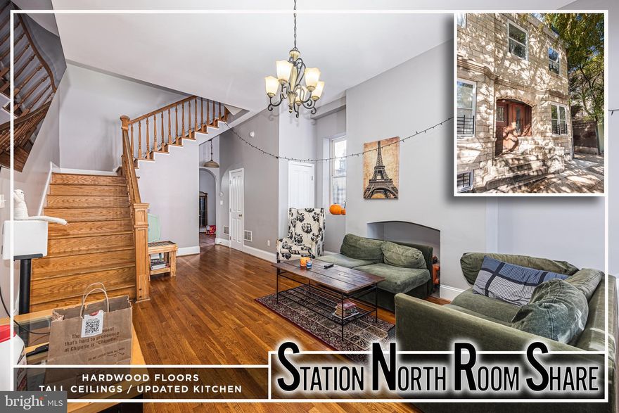 THIS IS A ROOM SHARE ONLY!  LIST PRICE IS FOR 1 BEDROOM AND PRIVATE FULL BATH IN A 3 LEVEL STATION NORTH ROWHOME WITH SHARED LIVING SPACES!  Available bedroom is located on the 2nd floor and features hardwood floors, tall ceilings, large closet, and private en-suite full bath.  The shared living spaces include a living room, updated kitchen with ss appliances, and a main level half bath.  MUST HAVE GOOD CREDIT TO BE CONSIDERED WITH NO COLLECTIONS OR FAILURE TO PAY RENT FILINGS AND MUST MEET CURRENT ROOMMATES PRIOR TO LANDLORD APPROVAL.  AVAILABLE 4/1/25