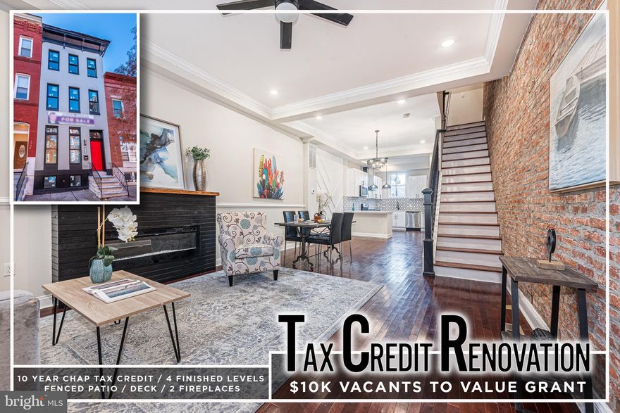 BEYOND SPECTACULAR TAX CREDIT RENOVATION WITH OVER 2,700 SQ. FT. OF LIVING SPACE!  4 finished levels of living space featuring an open floor plan with gleaming hardwood floors throughout the main level, a spacious living room with an electric fireplace & exposed brick, separate dining area, designer kitchen with Quartz counters & ss appliances, convenient main level half bath, 2nd level with 2 bedroom suites with ensuite full baths, an oversized 3rd level Primary bedroom suite with a generously sized bedroom with an electric fireplace, walk-in closet, and a spa bath with a stand alone soaking tub, double vanities, and a walk-in shower, a fully finished basement with a family room, 4th bedroom, and a 4th full bath, and a private rear yard with a gated parking pad.  This one truly has it all!  CHAP Tax Credit & Eligible for 10K V2V Grant = SAVE THOUSANDS!