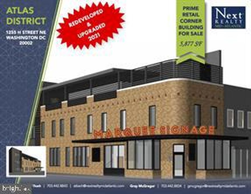 Discover unparalleled opportunity in the heart of the resurging Atlas District with this captivating three-level retail building. Boasting 5,877 square feet of space, this prime corner property offers endless possibilities for your business endeavors.

Imagine the potential of a large outdoor patio at street level, inviting guests to indulge in the vibrant atmosphere of one of DC's liveliest neighborhoods. With exceptional visibility, this location presents a remarkable branding opportunity that ensures your business stands out amidst the bustling cityscape.

Step onto the rooftop deck and behold the breathtaking views, setting the stage for unforgettable experiences. This amazing rooftop terrace offers a space where patrons can savor the moment and create lasting memories.

The property features modern amenities and upgrades, including:

Electricity: Upgraded with a total of 800 AMPS for enhanced efficiency.
HVAC: Five brand-new HVAC units with separate zones ensure optimal comfort for patrons.
Fire Safety: Benefit from peace of mind with a new sprinkler system installed.
Restrooms: Enjoy the convenience of three brand-new restrooms, including one ADA compliant.
Hot Water: Two new heaters provide reliable hot water supply.
Roof: A new roof with framing at 12-inch centers, updated membrane, and decking ensures durability and longevity.
Stairs: Access from the lower level to the rooftop is seamless with a new internal metal staircase.
Kitchen Infrastructure: The finished lower level is equipped with kitchen infrastructure, including cutouts for a vent shaft to the roof, catering to a variety of culinary ventures.

Don't miss this rare opportunity to secure your place in one of DC's most dynamic neighborhoods. Elevate your business to new heights in a space designed for success. Schedule a viewing today and unlock the potential of this extraordinary property.