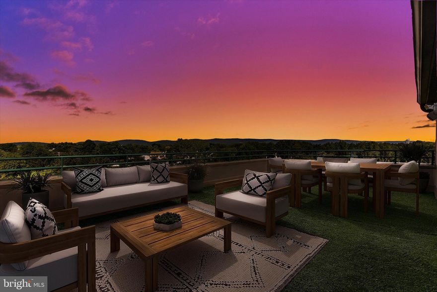 Baker Park contemporary penthouse condo boasting one of Frederick's largest (2,400 SF) and enormous two rooftop terraces with exceptional mountain & city views. This completely remodeled condo features an open floor plan, high-end finishes, and porcelain flooring throughout, a designer gourmet kitchen with a center island, antique granite counters, top-of-the-line stainless steel appliances, a Sub-Zero refrigerator &Thermador cooktop. Large great room with an electric fireplace, built-in lighted shelves, spacious formal dining room with vaulted 12 ft ceilings, and terrace access. Den / office off main entrance with built-in shelves and ceiling fan. The owner's suite includes a huge custom walk-in closet / dressing area, terrace access, and a remodeled luxury bath with double vanities, a garden soaking tub, and a supersize separate shower. The second bedroom has access to the Florida / sun room. Large laundry room with full-size washer & dryer and lots of storage.  Second entrance foyer, (ideal for a caregiver or in-laws) off laundry room with easy elevator access to secure underground parking garage and additional storage space. Secure building with exercise room, activity area, and community gazebo. Located within a short stroll of Baker Park & Culler Lake. A rare opportunity to own one of downtown Frederick's premier properties.