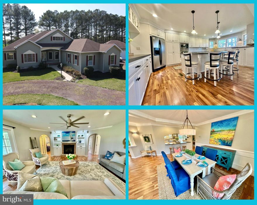 RARELY AVAILABLE ...a  Stunning 2,980 sf, CUSTOM RANCH/RAMBLER has garage space for 5+ vehicles...a 3 car garage with second floor attic storage ... (Plus an oversized  detached garage!) all  on  2 green acres backing to trees and farmland... for the buyer who seeks quality and privacy (and plenty of space for everything!)   The additional detached garage has 2 bays plus ample space for a workshop for your hobbies.   A Private Primary Suite has peaceful pastoral views of a nearby pond. The recently updated Primary Bath has  Heated Ceramic Floors and Roll in Shower. Throughout the home you will find quality Luxury Vinyl Plank flooring that is both durable and beautiful.   Wonderful Gourmet Kitchen is open to the family room and features a huge island, Gourmet Stainless Steel Appliances, Gas Cook top with downdraft, Double ovens... so many upgraded features!  The open concept family room features arched openings, a gas fireplace, and lots of natural light with glass doors opening to the back porch, offering peaceful  views.  The Second Floor Attic provides plenty of storage area  or even space for expansion of finished living area.
This home features (2) large family rooms ,  (5) Bedrooms ( or 4 Bedrooms and Office) Second Family Room with Gas fueled "woodstove."  and 3 Full Baths- plenty of room for family, guests, or private office space.  Custom suited with numerous features for guests, or a multi generation family or to accommodate disabilities .   NO HOA!!!    ( Kitchen Bar Stools are Negotiable/Sold Separately)