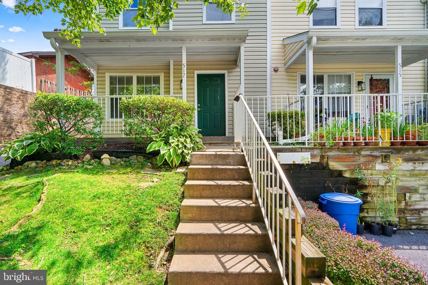 LOCATION, LOCATION, LOCATION!  Come see this great 3 bedroom, end unit condo/townhome in the rarely available and highly sought after neighborhood of Harris Hill with features that include:  inviting front porch, Bamboo flooring throughout, updated half bath on the main level, kitchen with stainless steel appliances, new countertops, custom tiled backsplash, pass through into the wide open dining room/family room, or take the slider out to the very private patio in the backyard that backs to trees.  Upstairs you will find 3 bedrooms, all with ceiling fans, and the newly renovated full bathroom with marble topped vanity, custom tiled floor and shower too.  The primary bedroom has two closets and a door to the full bath.  The laundry area is also conveniently located on the bedroom level as well. The whole house has just been freshly painted, and new hardware on the doors too.  You'll love that you have your own private driveway with permit parking for two cars.  There are also plenty of overflow spots for visitors.   Located in the heart of Towson, this is the perfect spot to get to Towson University, downtown Towson shopping, restaurants, library, you name it!  The condo fee covers the exterior maintenance and water!  Don't miss it!