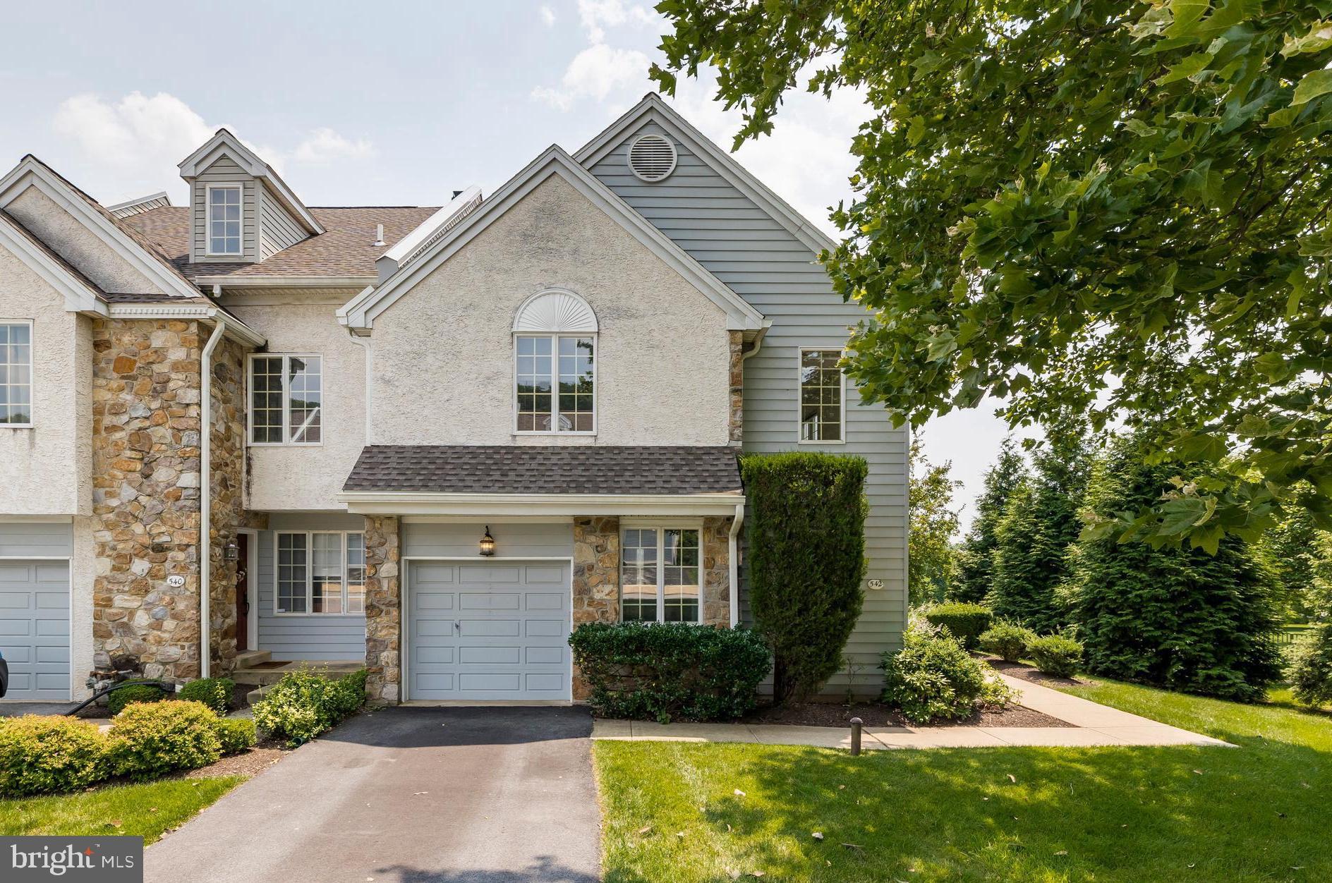 One of the largest end units in desirable Evian is now available for it's new owner. This 2737 sq. ft. home features a private side entrance and two story hardwood foyer which opens to a  bright living room that is warmed by a wood burning fireplace.  A formal Dining Room with Bay Window is large enough for a holiday dinner gathering. The updated eat-in kitchen features stainless appliances and plenty of cabinet space.  A bonus room with an atrium door to the deck can be used as a Family Room or Home Office. The 20 X 10 Deck overlooks open space. The first floor also features a Powder Room and entrance to the one car garage. This home provides lots of space for entertaining family and friends. The Second Level offers a large owner's Suite  with walk-in closet and an en-suite bath with walk-in shower, jetted tub and double vanity. There are two additional oversize bedrooms with ample closet space , a hall bath and a convenient second level laundry. Venture to the bonus third level with skylight. This huge area can be used as a game room, office or possible fourth Bedroom. There are future possibilities in the full daylight/walkout unfinished basement. Evian is easy living with an Association fee that includes a community pool, tennis courts, a Club House, playground, snow removal and exterior and lawn care. A  newer HVAC system gives the future buyer piece of mind with a remaining warranty.  Location, Location, Location in Evian! The home is located in the Award Winning West Chester schools and with it's convenient location to all major commuter routes, shopping, restaurants and the R5 Train, it won't last long.   Welcome Home.