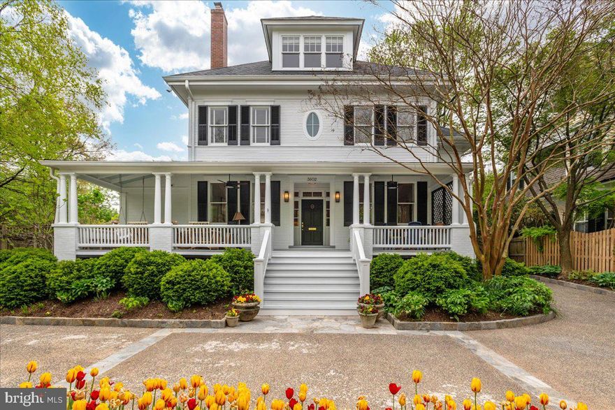 The quintessential Cleveland Park home for a lifetime.  Prominently perched on the corner of 36th and Newark Streets, 3602 Newark has been renovated, reimagined, and expanded to the highest of residential standards and is a shining example of Cleveland Park perfection.  Ascend the wide front stairs from the home’s circular driveway to the welcoming front porch that wraps the front of the home.  Enter in to the center hall foyer and feel surrounded by the home’s warm, original heart of pine hardwood floors in all directions.  The double living room to the left is centered by one of the property’s three fireplaces on one end and a gorgeous pool and garden view on the other.  The main level sunroom, off of the living room, is lined with windows, awash with light and provides views of the perennial gardens and access to a charming side patio.  The home’s formal dining room is dinner party ready and is accessible from the main center hall.  The heart of the main level is the chef’s appointed kitchen.  Double islands provide extensive storage and prep space.  Dual cooking ranges, one gas and one induction/convection, await the most discerning cook.  Sub Zero refrigerators and freezers, dual dishwashers, extensive prep lighting, two prep sinks make the kitchen a space to both cook and entertain in.  The side hall off of the kitchen houses a deep pantry, the home’s side entry, a large coat closet and the main level half bath, as well as a hidden dumb waiter.  Gorgeous built-in cabinetry and the sun-drenched eat in area at the rear of the kitchen lead out to the expansive flagstone terrace and pool deck.  The outdoor living space is centered on the sparkling, heated in-ground pool with fountain water feature and is enveloped by the home’s carefully curated garden, with flowering annuals, perennials, ornamental shrubs and beautiful trees and foliage throughout.  A custom storage garage is designed as a scaled down version of the main house with plenty of room for bikes, gardening equipment and more.  Upstairs to the second level are three bedrooms – two very spacious front bedrooms sharing an updated full bath.  One with incredible built ins and a fireplace and the second with a deep walk-in closet and dressing area.  The primary suite with cathedral and garden views is a bright and airy retreat, with a deep walk-in closet, the home’s third fireplace and a spectacular primary bath with freestanding custom tub, dual vanities, a walk-in steam shower and a separate water closet.  Arriving on the third level discover even more cathedral views in one of the two additional bedrooms, each with baths en suite and a large room lined with built ins ready to become the perfect playroom, study or home office.  The extensively renovated basement was dug out to provide a daylit lower-level family room with a wall of windows, walls of built ins and a wet bar area making it the perfect space for enjoying a movie or planning a weekly game night.  A rear set of exterior stairs lead up to the pool area making access to the yard a breeze.  A large full bath positioned at the base of the exterior stairs has a large walk-in shower and separate water closet and doubles as a changing room space for the pool.   The home’s large laundry room, several spacious storage rooms, a utility work room and unfinished storage complete this level.  Multiple zones of heating and cooling, extensive moldings and trim details throughout, custom window coverings, and off-street parking for four are just a few of the additional features that round out this simply spectacular property.