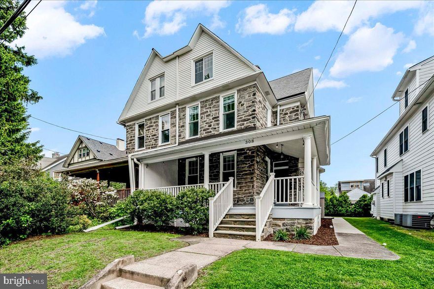 Dreams really do come true… and this is that Unicorn Property you’ve been waiting for. Welcome to 308 Chestnut Avenue — a stunning early 1900’s stone and siding stately Narberth residence, masterfully gut-renovated and reimagined in 2020 by the highly regarded Sposato Homes. Blending timeless Old World charm with today’s most desired modern conveniences, this home offers a rare opportunity to own something truly special — better than new construction in one of the Main Line’s most walkable communities.This HUGE twin that lives like a single boasts approximately 3,100 square feet of sun-drenched living space with ideal north/south exposure, soaring ceilings, gleaming hardwood floors, recessed LED lighting, and multi-zone high-efficiency HVAC. Rich architectural details like deep window sills, wide baseboard moldings, wainscoting, and a beautiful turned staircase pair seamlessly with curated designer finishes throughout.A large covered wraparound porch warmly welcomes you — the perfect place to relax with a book or a glass of wine while enjoying the charm of the neighborhood.  Inside, the open-concept first floor is designed for both everyday living and entertaining. The living room features a cozy gas fireplace and flows into the dining area with a beautiful bay window. The chef’s kitchen is a showstopper with white soft-close maple cabinetry, quartz countertops, subway tile backsplash, and premium stainless appliances including a GE Profile refrigerator and 5-burner gas range with professional hood. A built-in pantry leads to a thoughtfully designed mudroom with cubbies, coat storage, powder room, and direct access to the rear TREX deck and private fenced yard—perfect for Entertaining, BBQs, al fresco dining, and relaxing in the sun.  Upstairs, the second floor offers an incredible owner’s suite with two outfitted walk-in closets and a spa-like bath featuring a double vanity, quartz counters, and a stunning floor-to-ceiling tiled shower with glass mosaic accents and marble bench. A convenient second-floor laundry room, additional bedroom, and beautifully finished hall bath complete this level.  The third floor includes two large, sun-filled bedrooms with deep closets and another full designer bath—ideal for family, guests, or flexible work-from-home space.  The finished, daylit lower level adds incredible versatility with space for a playroom, gym, media room, powder room, and abundant storage.  All of this is located just steps to the heart of Narberth—enjoy sidewalks, parks, the library, shopping, restaurants, and easy access to the SEPTA Regional Rail for a quick commute to Center City Philadelphia. Plus, you’re part of the award-winning Lower Merion School District. Turn-key. Move-in ready. Nothing to do but unpack.  OPEN HOUSES: Saturday & Sunday 12–2