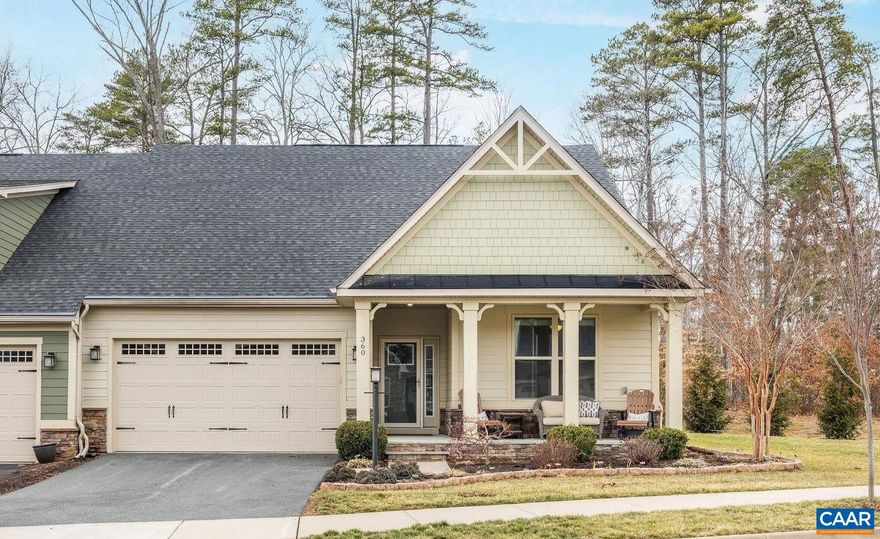 Overlooking the tranquil Glenmore Equestrian Center, this end-unit villa in Rivanna Village offers rare privacy, beautiful views, and exceptional convenience in Keswick just outside Charlottesville. Built in 2019, the home features 3 bedrooms and 3 full baths with thoughtfully designed one-level living. A welcoming foyer opens to a private study with French doors, along with a guest bedroom and full bath. The open-concept family room and kitchen form the heart of the home, highlighted by a large island, and dining area. The spacious primary suite is situated on the main level and includes a beautifully appointed bath and convenient laundry for true main-level living. Upstairs provides ideal guest or family space with an additional bedroom, full bath, and flexible family room. This home also features a desirable two-car garage. Enjoy peaceful mornings on the front porch overlooking the horses at the Glenmore Equestrian Center or relax in the private backyard. The future owner also qualifies for a 25% discount on initiation to The Club at Glenmore, where members enjoy access to golf, a clubhouse with dining, pool, fitness center, tennis, pickleball, and scenic walking trails, adding exceptional lifestyle value to this property.,Fireplace in Family Room