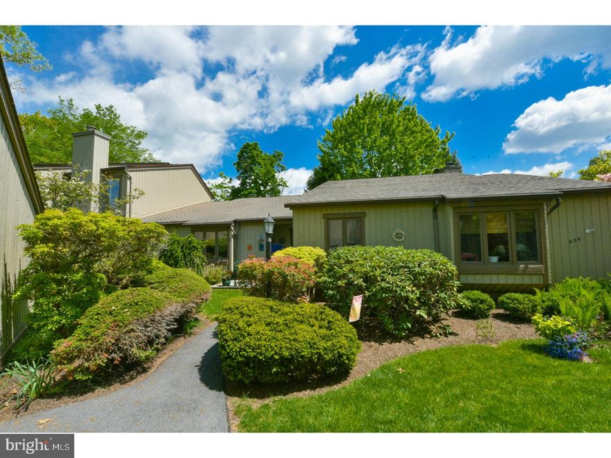 Welcome home to this beautiful, spacious and SUNDRENCHED home in Hershey's Mill. You will enjoy the flow of this END UNIT Nottingham model with a GOLF COURSE view of the 16th hole along with a very short level walk from the garage to the lovely flagstone patio at the front door. Additional features include: beautiful millwork, plenty of windows and light, foyer with large closet; large living room with fireplace; dining room with sliders to patio; family room with built gorgeous built ins; breakfast room with two large bumped out windows and lovely built in cabinetry; kitchen with white cabinets, granite countertops, new sink, faucet and pantry; huge master suite with sitting area, dressing area with 2 walk in closets, updated master bath with tub; 2 additional bedrooms on with walk in closet and second is being used as a den with built ins; 2nd full bath with shower and washer and dryer. You will be amazed and how easily the home flows, the versatility of the rooms and the amount of storage.  The patio overlooking the golf course also provides some privacy due to placement of some beautiful trees and can be accessed from the master suite and the dining room. Hershey's Mill is a premier Active 55+ Gated community with 24 hour security, beautiful landscaping, 18 hole golf course, club house, tennis, swim, walking trails? the list goes on with numerous interesting activities. You will wish you moved in sooner!