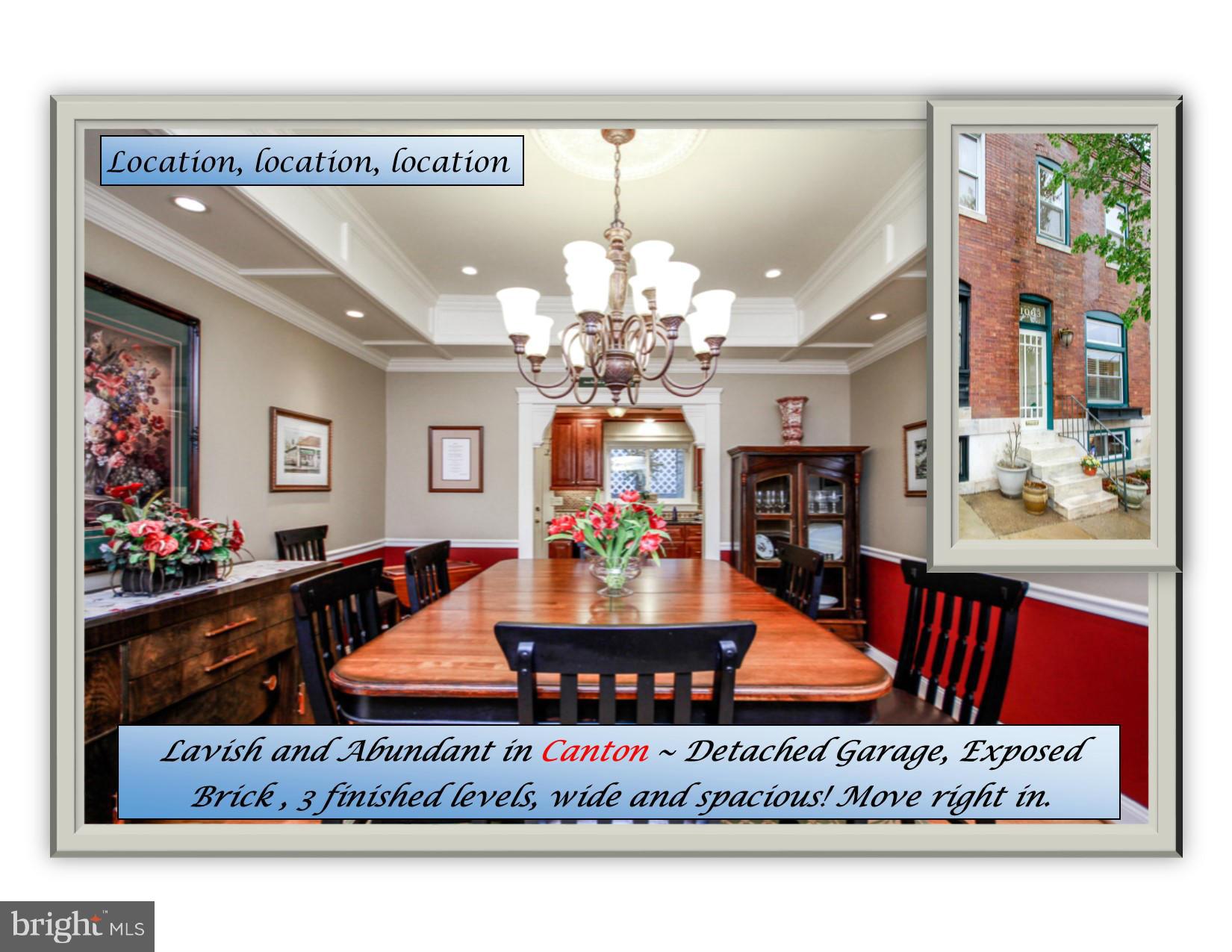 If you are looking for it all in Canton, look no further. Conveniently located between the fun of Canton Square, the abundant shopping of Canton Crossing and steps from the Baltimore Harbor, this stunning residence will delight. Wide spacious rooms, elegant craftsmanship, exquisite upgrades, exposed brick and a rare find a detached garage too. This home has been LOVED, restored and enjoyed.