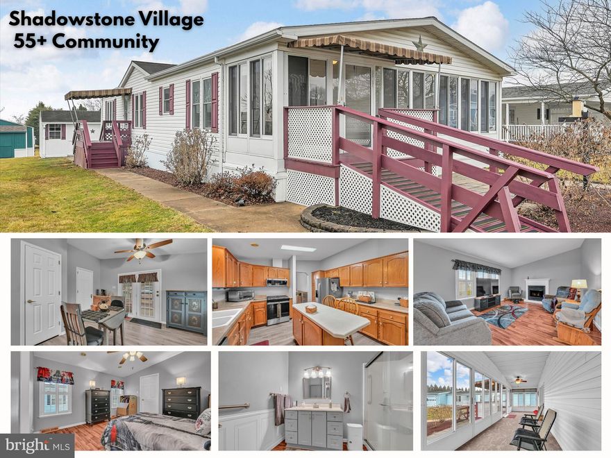 Welcome to 583 W. Cedar St. in Shadowstone Village, Palmyra’s sought-after 55+ active community! Situated on a quiet cul-de-sac with overflow parking nearby, this beautifully cared-for double-wide is the true definition of pride of ownership. Featuring drywall throughout, ramp access added in 2023, and a long list of thoughtful updates, this home is move-in ready and sure to impress. Enjoy relaxing in the enclosed heated sunroom, then step into the spacious kitchen with all stainless steel appliances, center island with breakfast bar, pantry, and additional seating area. A convenient coffee station sits just off the laundry room, where the washer and dryer purchased in May 2025 are also included. The dining area opens to the inviting living room with a cozy natural gas fireplace. The primary suite offers a private bath with upscale touches including picture frame molding, updated vanity, upgraded glass shower doors, and grab bars, all completed in 2018. Two additional bedrooms, a second full bath, and a built-in hallway linen cabinet provide excellent space and storage. Recent improvements include windows in 2022, kitchen laminate flooring in 2022, water heater in 2020, furnace and central air in 2016, insulated skirting in 2013, side awnings in 2023, front awning in 2017, and more. A shed with electric adds bonus storage. This is easy living at its finest in a wonderful community.