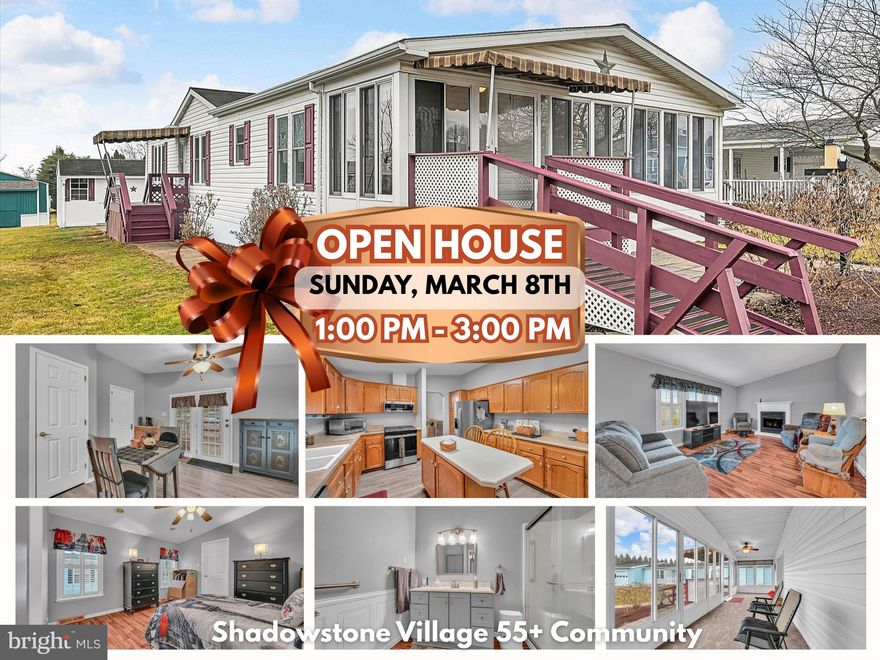 {{{ OPEN HOUSE, SUNDAY MARCH 8TH, 1:00 - 3:00 }}}

Welcome to 583 W. Cedar St. in Shadowstone Village, Palmyra’s sought-after 55+ active community! Situated on a quiet cul-de-sac with overflow parking nearby, this beautifully cared-for double-wide is the true definition of pride of ownership. Featuring drywall throughout, ramp access added in 2023, and a long list of thoughtful updates, this home is move-in ready and sure to impress. Enjoy relaxing in the enclosed heated sunroom, then step into the spacious kitchen with all stainless steel appliances, center island with breakfast bar, pantry, and additional seating area. A convenient coffee station sits just off the laundry room, where the washer and dryer purchased in May 2025 are also included. The dining area opens to the inviting living room with a cozy natural gas fireplace. The primary suite offers a private bath with upscale touches including picture frame molding, updated vanity, upgraded glass shower doors, and grab bars, all completed in 2018. Two additional bedrooms, a second full bath, and a built-in hallway linen cabinet provide excellent space and storage. Recent improvements include windows in 2022, kitchen laminate flooring in 2022, water heater in 2020, furnace and central air in 2016, insulated skirting in 2013, side awnings in 2023, front awning in 2017, and more. A shed with electric adds bonus storage. This is easy living at its finest in a wonderful community.