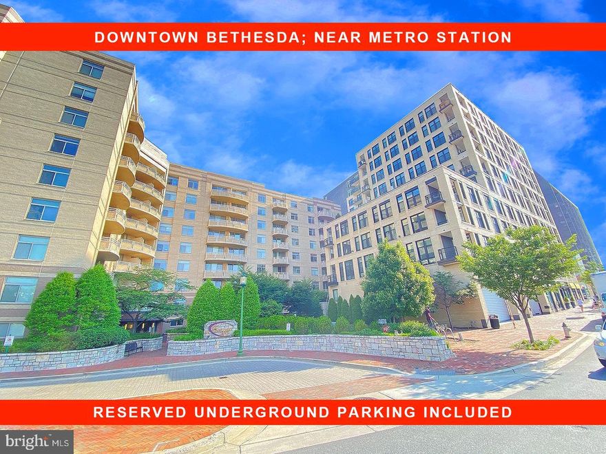 **𝐃𝐎𝐖𝐍𝐓𝐎𝐖𝐍 𝐁𝐄𝐓𝐇𝐄𝐒𝐃𝐀!**  Stylish 1BR/1BA condo with an open floor plan perfectly situated in the heart of Bethesda Row. Enjoy a beautifully updated kitchen with granite countertops, stainless steel appliances, and a breakfast bar, plus hardwood floors throughout, a spacious bath, and a large walk-in closet. The unit also includes a stackable washer and dryer and **reserved underground parking**.

This fully renovated building offers a sleek, contemporary lobby, fitness center, bike storage, secure access, and on-site management. Surrounded by Bethesda’s best dining, shopping, and entertainment — and just steps from the Metro and Capital Crescent Trail. An unbeatable location with so much to love!