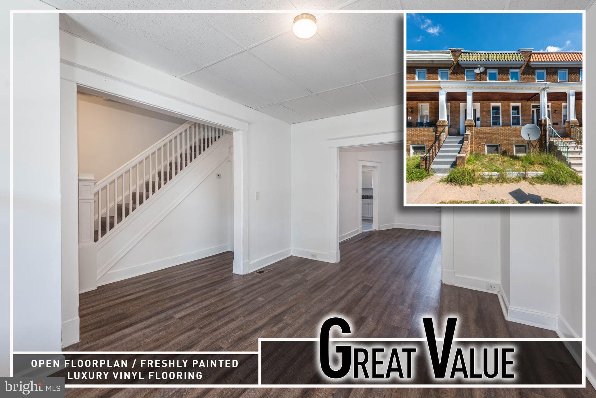 Exceptional value in this charming porch-front rowhome with over 1,400 sq. ft. of living space! Step inside to find freshly painted interiors with a spacious living room that flows into a separate dining room, both highlighted by vinyl wood flooring. The large kitchen is a true standout, featuring granite countertops, abundant cabinet storage, and room for casual dining or meal prep. Upstairs, discover three generously sized bedrooms filled with natural light, along with a full bath. The partially finished lower level adds incredible flexibility with two bonus rooms and a second full bath—ideal for a home gym and storage or finish to add more living space. Outdoor living is made easy with a rear deck perfect for entertaining, which overlooks a private patio that can easily be converted into a parking pad for added convenience.
Perfectly situated just steps from Clifton Park Golf Course, neighborhood parks, and all the amenities of the Belair Road corridor, this home offers both comfort and convenience in a prime location.