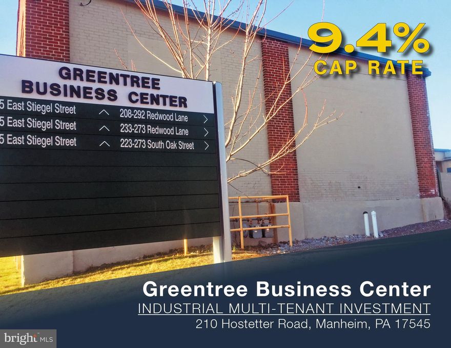 9.4% cap rate investment opportunity.  Multi-tenant industrial park with 82% occupancy. Greentree Business Park consists of five parcels, with over 150,719 SF on 11.77 acres. Proximity to Manheim Auto Auction and PA Turnpike results in reliably high occupancy rates.  Over 2/3 of the 15 tenants have been in place for over 4 years and 1/3 of the rent roll has been in place for over 11 years.