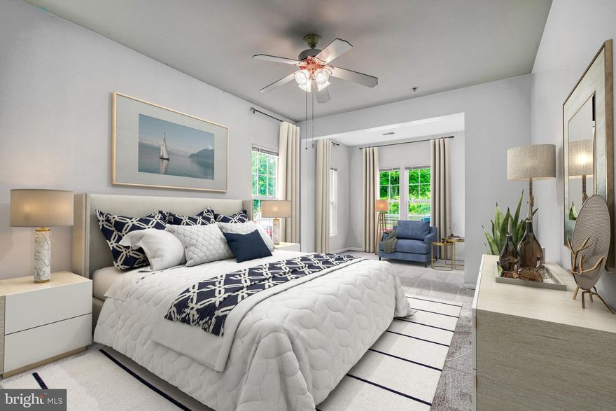 EASY ACCESS CONDO LIVING! KINGS CROSSING  FIRST FLOOR !!!  Wonderfully spacious and light-filled first-floor condo with direct access from the parking spot! Come in thru the patio door without having to go into the main hallway.  These owners closed off the dining room to create another guest room/office/den with a built-in armoire-type closet. (It can easily be returned to a dining room)  Recently updated with carpet, quartz countertops,  laminate flooring in the kitchen, and a new bath with a step-in shower, new vanity, and pretty marble tile. The living room boasts custom draperies too.   There is a HUGE hall closet off of the foyer with built-in shelves that will store more than you can imagine!  The primary suite has an attached sitting area filled with natural light, plenty of windows, a tremendous walk-in closet, a large bathroom with twin vanities,  a step-in shower, and a linen closet.
There are ceiling fans in all the bedrooms  The condo has a washer and dryer in a closet off of the kitchen.
The condo building has an elevator and there are extra storage closets right near the elevator.  In addition, there is a "library take and share" as well as a puzzle table in the upper common area.  There are benches to sit and relax as well as a gazebo off the center sidewalk.