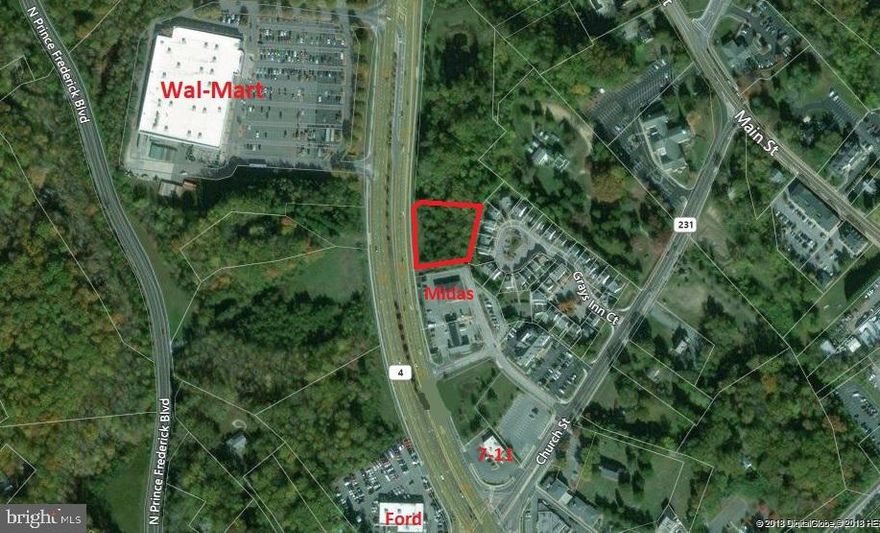 LOCATION LOCATION LOCATION!!!   RT 4 FRONTAGE WITH UNLIMITED VISIBILITY! Prince Frederick Town Center!!   Directly north of Midas and just north of intersection with RT 231 . Walmart is across Rt 4, Bob Evans and Bank of America to the north, 7-11 to the south.   Busy, busy spot.   Many, many commercial town center uses.   Adjoining parcel to the north is also available for sale if you need more property for your project (2.37 acres 145 N Solomons Island Rd). Call me with any questions.