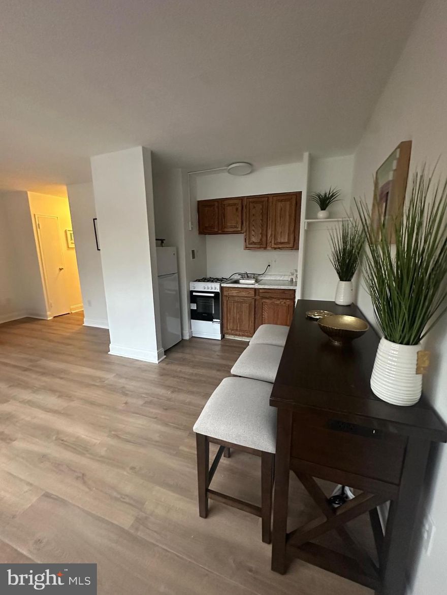 Looking for a beautifully updated studio perfectly positioned in Philadelphia’s highly sought-after Rittenhouse Square neighborhood. This turnkey residence has been freshly painted throughout and features new, durable LVP flooring, updated kitchen lighting, and brand-new appliances including a refrigerator and gas range.The bathroom has been professionally reglazed—bathtub, wall tile, and flooring—with a transferable 10-year homeowner warranty (and 5-year transferable warranty for renters). Additional upgrades include a new vanity with sink, and a modern toilet. The kitchen features wood cabinetry and a new countertop, blending style and function. Monthly condo fees conveniently include all utilities, access to a fitness center, and 24-hour lobby attendant. This pet-friendly building offers an unbeatable location—just steps from Rittenhouse Square Park, trains, shopping and restaurants. Ideal for students or professionals commuting to HUP/UPenn, Drexel University, or Temple University. This residence delivers both style and convenience in one of the city’s most desirable areas. New dining  set and new convertible bed/couch included in the sale. Seller is a licensed PA realtor