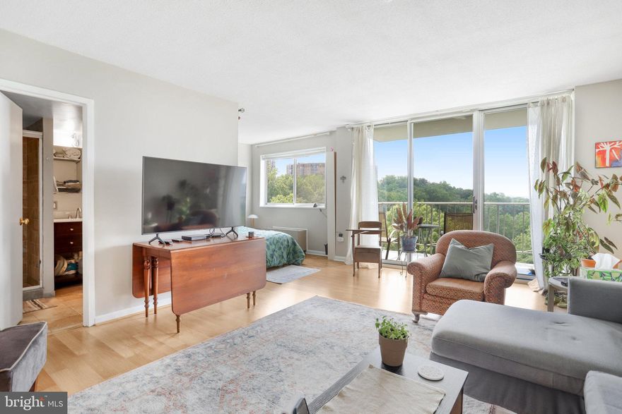 Enjoy sweeping views of the Alexandria city skyline from this spacious studio unit, conveniently located within walking distance to the Huntington Metro (yellow line) is just minutes from Old Town, Crystal City, or just across the river to National Harbor and MGM. This freshly painted unit features an updated kitchen with all new refrigerator and stove. Thoughtful features include a large closet for extra storage near the open-concept living room. Floor to ceiling sliding glass doors allow an abundance of natural light throughout the roomy living space. Built in shelving in the bedroom alcove. Updated bath features tasteful tile along with a large vanity with granite counter. Neutral laminate flooring throughout. Amenities include an outdoor swimming pool and tennis courts, 24-hr concierge, security gate system, along with plenty of on-site parking. Easy access to shopping, restaurants, Route 1, GW Parkway, nature preserve, bike trails, public parks and more!