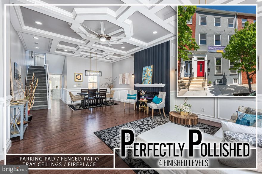 EXPANSIVE HOLLINS MARKET RENOVATION WITH 4 FINISHED LEVELS AND 2 CAR PARKING! Open floor plan featuring a spacious living room with coffered ceiling, fireplace, and dining area, gourmet island kitchen with Quartz counters, ss appliances, a breakfast area, & a main level half bath, 2nd level with 3 bedrooms, 1 full bath, expansive 3rd level Primary suite with vaulted ceiling, walk-in closet and a spa bath with double sinks & a whirlpool tub, a fully finished basement with a family room with a wet bar, 5th bedroom, & a 3rd full bath, a private rear patio, and 2 car off street parking! Property is eligible for 10k Vacants to Value grant! NEW CONSTRUCTION TAX CREDIT!! Conveniently located close to downtown Baltimore, UMMC, stadiums, and major roadways! Call listing agent about $10K in closing assistance available