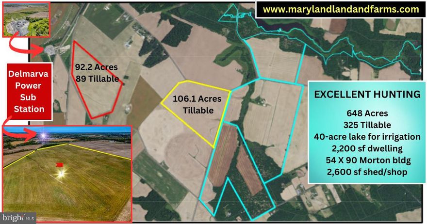 "Gemberling Farms" - a premier 840-acre grain and hunting farm in Queen Anne's & Kent County Maryland, has been family owned for 70 years. Formerly a production vegetable operation, it has been in grain production in recent years. 520 acres of excellent sandy loam soils with partial irrigation infrastructure (underground piping) supplied by surface water from the 40-acre (farm owned) Jones Lake supports production value. 
Improvements include a 2200 SF farm manager or rental house, a 54 X 90 Morton Building and a 2640 SF shop/shed. Over 250 acres of woodland adjacent to Jones Lake, with a constant flow of fresh water into the Chester River, also offers great fishing opportunities.
These properties have their full development rights. They are subject to a current farm lease until December 31, 2025. The 92-acre Peters Corner Road parcel is adjacent to a Delmarva Power substation.
The motors, pumps & center pivot systems do NOT convey.
Offers can be made on three distinct units: A - 210 Blanco Road 648 acres; B - High Bridge Road 106.1 tillable acres; C - Peters Corner Road 92 acres or all parcels in their entirety.
Offers will be accepted until May 18, 2024 5PM EST. All offers shall be submitted with Maryland Association of Realtors (MAR) land or residential contracts.
DO NOT ENTER THE PROPERTY WITHOUT PERMISSION OF THE LISTING AGENT.