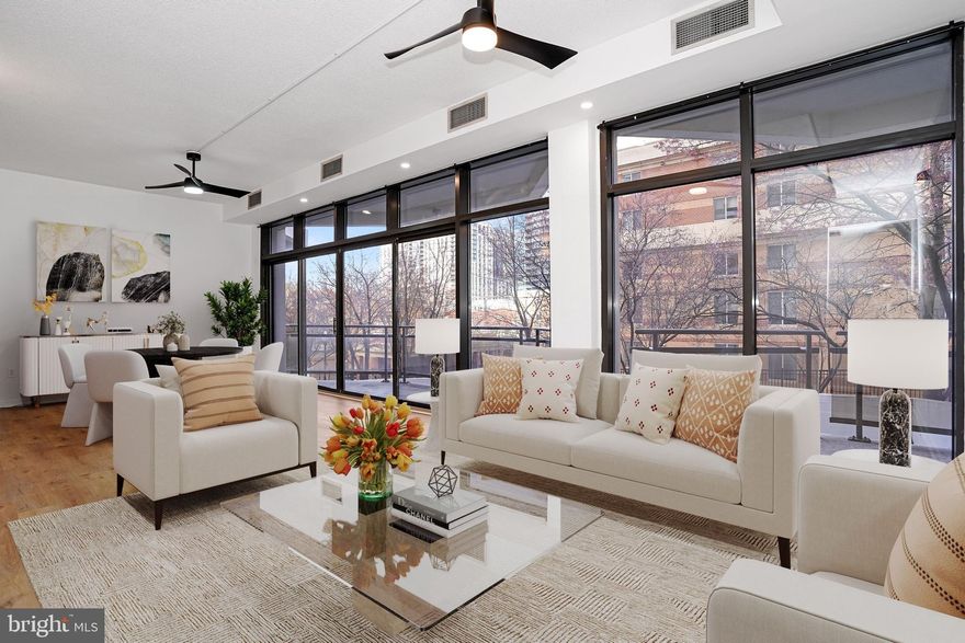 Live at the heart of Rosslyn where everything is walking distance away! This stunning 1-bedroom, 1-bath condo offers spacious (925 SF), bright, airy living with soaring 11-foot ceilings, floor to ceiling doors and windows, and a corner-unit design featuring a massive living/dining area, a king-sized bedroom, and three large closets—perfect for storage lovers.  HVAC and water heater was replaced in 2021, Gleaming LVP hardwood floors flow throughout, complemented by a freshly renovated bathroom, new paint, and not one, but two private balconies for relaxing or entertaining. Assigned underground parking, extra storage, water and sewer, cable TV, internet are included in the condo fee, making this a rare find! The only utility owner pays is electric. Nestled in the deluxe Atrium building, you’ll enjoy glass elevators, a 24-hour concierge, tennis courts, a pool, a gym, and more—all just steps from Georgetown’s vibe without the hefty price tag. The community elevates your lifestyle with top-tier amenities like a fitness center, hot tub, sauna, outdoor pool, bike trail, jog/walk path, picnic area, party room, dog park, and reserved parking. Surrounded by Arlington’s buzz and a quick hop to D.C. or Georgetown, this is urban living with a luxurious twist. Walk to Rossyln metro, Target, restaurants and shops all nearby.