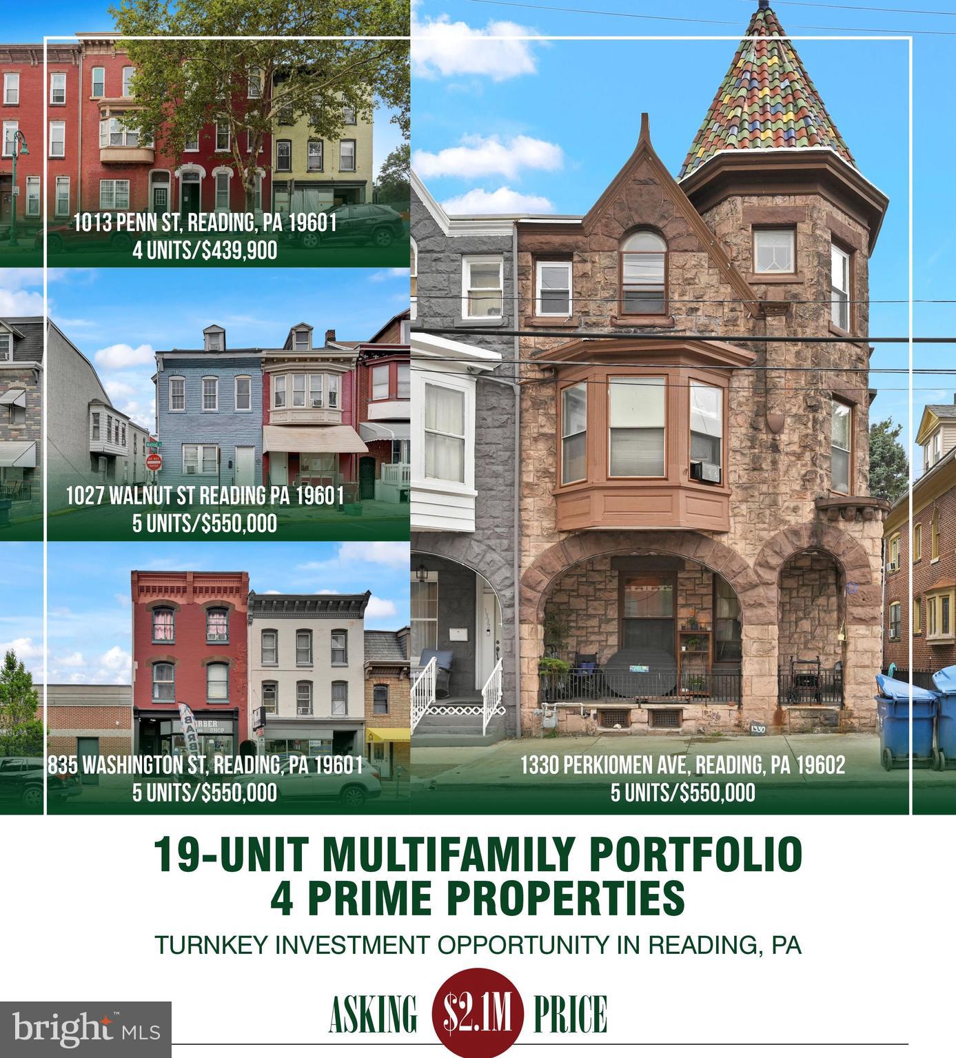 19-Unit Investment Portfolio – Reading, PA Presenting a rare opportunity to acquire a 19-unit multifamily package across 4 properties in Reading, PA. This portfolio offers a diverse mix of residential and commercial income-producing assets, all located within close proximity for ease of management. Property Breakdown: 1330 Perkiomen Ave, Reading, PA 19602 – 5 Residential Units / 1013 Penn St, Reading, PA 19601 – 4 Residential Units / 1027 Walnut St, Reading, PA 19601 – 5 Residential Units / 835 Washington St, Reading, PA 19601 – 5 Units (1 Commercial Storefront + 4 Residential Units) / Utilities & Expenses: Tenants pay their own electricity and electric heat. Owner is responsible for water, sewer, trash, and common area electric This portfolio provides a solid foundation for both new and seasoned investors, offering steady cash flow, strong rental demand, and upside potential in a growing market. Additional rental details and financials are available upon request. Please contact us today to schedule a walkthrough and learn more about this opportunity.