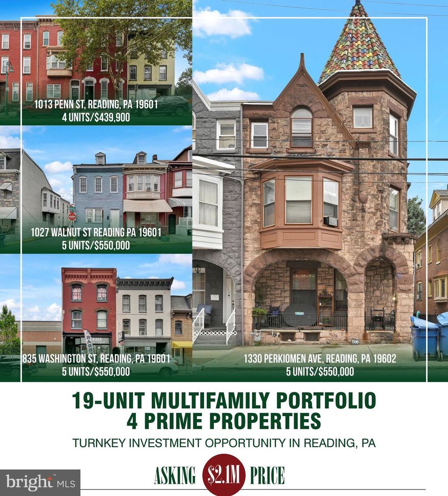 15-Unit Investment Portfolio – Reading, PA Presenting a rare opportunity to acquire a 15-unit multifamily package across 4 properties in Reading, PA. This portfolio offers a diverse mix of residential and commercial income-producing assets, all located within close proximity for ease of management. Property Breakdown: 1330 Perkiomen Ave, Reading, PA 19602 – 5 Residential Units / 1027 Walnut St, Reading, PA 19601 – 5 Residential Units / 835 Washington St, Reading, PA 19601 – 5 Units (1 Commercial Storefront + 4 Residential Units) / Utilities & Expenses: Tenants pay their own electricity and electric heat. Owner is responsible for water, sewer, trash, and common area electric This portfolio provides a solid foundation for both new and seasoned investors, offering steady cash flow, strong rental demand, and upside potential in a growing market. Additional rental details and financials are available upon request. Please contact us today to schedule a walkthrough and learn more about this opportunity.