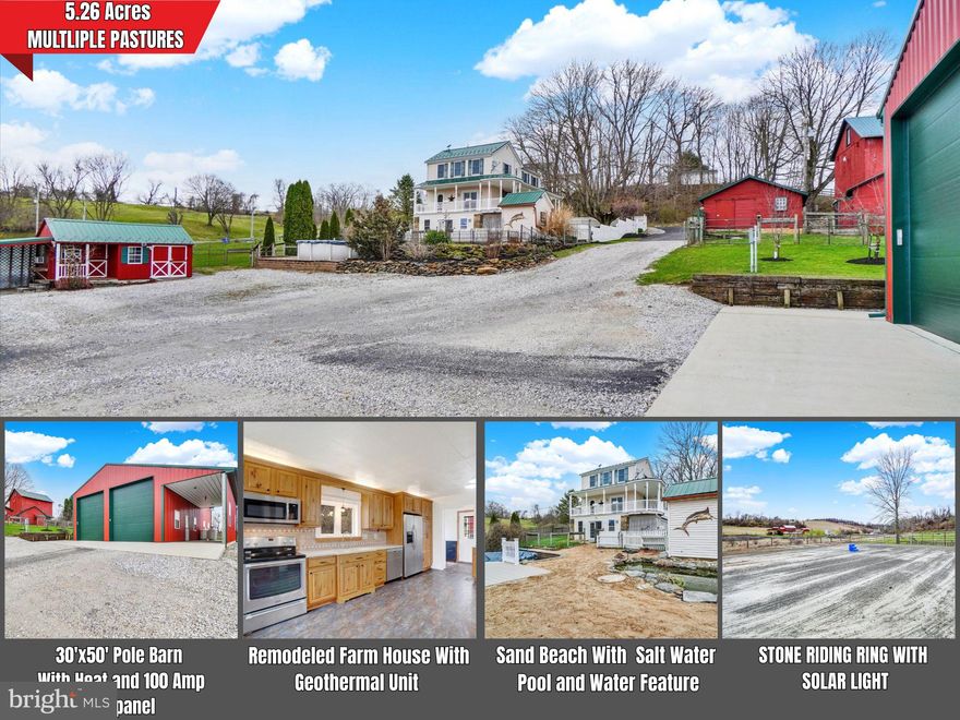 Looking for a beautiful updated farmette with valley views, overlooking 5.26 acres of pasture, a bank barn, a riding ring, a large pole barn/shop, your own private sand beach and heated saltwater pool? Look no further! This fully remodeled farmhouse features a spacious kitchen with updated countertops and kitchen cabinets. The first-floor full bath features radiant floors, a walk-in tile shower, and a stackable washer dryer setup with built in shelving. You'll notice the crown molding throughout the house gives that original farmhouse feeling but upgraded to add as an accent. As you walk upstairs, you'll see 3 bedrooms and 1 full bath. The spacious main bedroom features two large separate closets on either side of the room and real hardwood floors. The second and third bedroom have updated flooring, with one of them having a built-in closet. The bathroom features a shower/bath combo and a granite sink vanity. Heading to the basement and utilities, a newer water heated has been installed, a new metal roof in 2019, the geothermal unit was installed in 2011 and has been maintained multiple times throughout the year, and a whole house generator is included. 

As you walk out onto the wrap around porch, you'll notice the heated saltwater pool with a newer liner, a pond water feature with waterfalls and goldfish, and your own private sand beach area for those fun and relaxing summer nights! The original bank barn has a reinforced floor to hold tractors and large square bales on the top floor, while the lower part of the bank barn is setup with multiple stalls for animals. The bank barn has a paddock of its own as well as an additional chicken, goat, or other small livestock building. The original two car garage has a concrete floor and can continue to be used as such or can be setup for other animals as it has access to a small fenced in grass area. As you head to the lower buildings on the property, you'll see a 30'x50' metal pole barn with 14' garage doors, two 30-amp outlets and a 50-amp outlet with a 100-amp sub panel that was built in 2021.  An additional 10'x20' lean-to is built off the side of the building with concrete floors, lights, and electric. It is temperature regulated with a propane heater. Just outside the pole barn, you'll see a crushed stone riding ring with a solar panel light for evening rides. Below that, there are 4 separate pastures with either a lean-to, or shed row in each pasture/paddock area for easy rotation throughout summer grazing. Four frost-free water spickets provide easy water to pastures.  Wood and heavy-duty livestock woven wire fence has been installed in all pastures allowing any and all types of livestock/animals without the worry of them escaping. Multiple other sheds can be found on the property, one with an ac system and electric. This property looks over the entire valley with farm field views, and stunning sunsets.  A small apple orchard is on the property. Conveniently located only 3 miles to restaurants, fast food, coffee shops, grocery stores, minutes from I-83 for easy commutes and 6 miles to the Maryland line. Make this one of a kind farmette yours while it lasts!