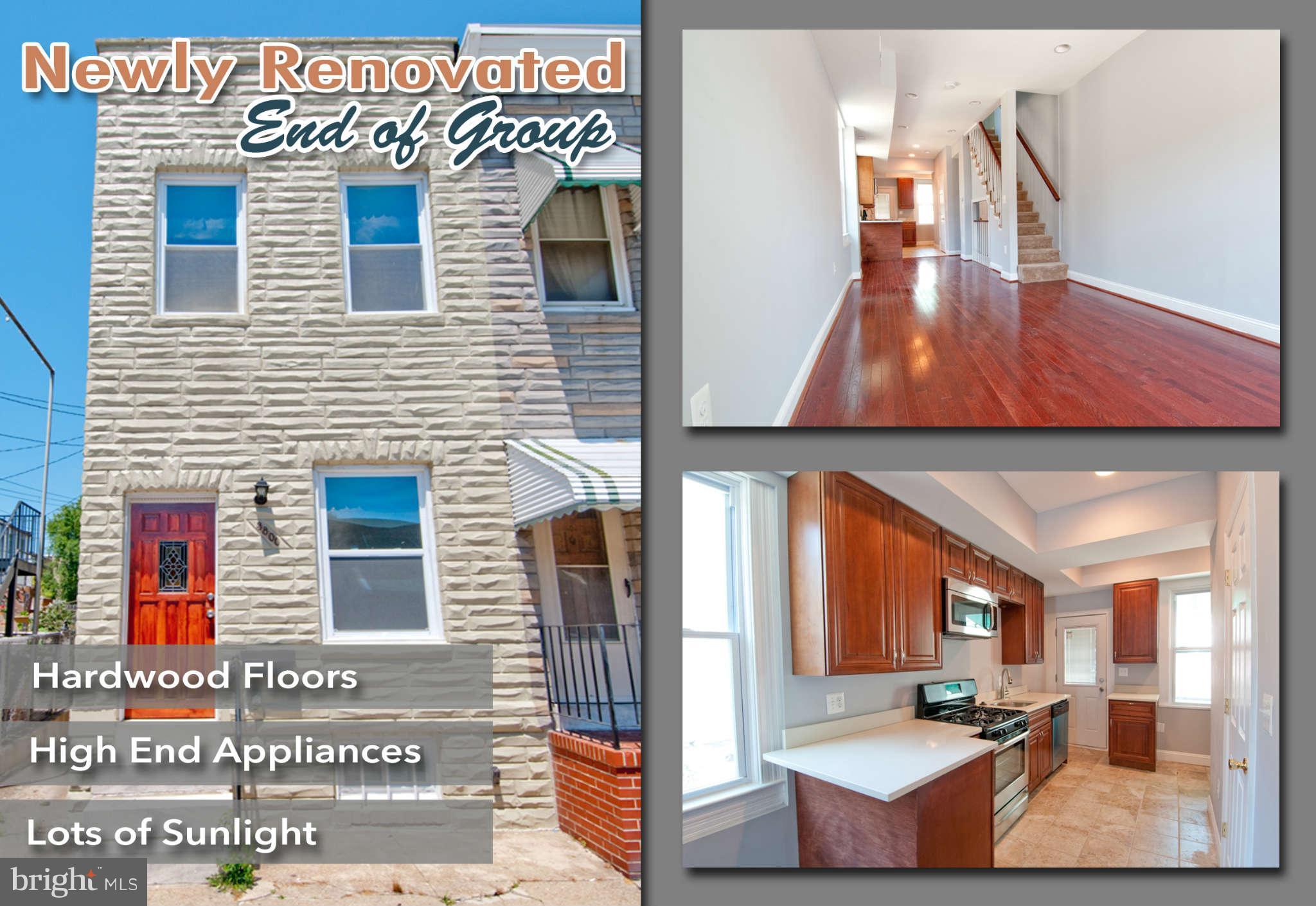 Motivated seller, bring all offers! Newly renovated 2 BR / 2.5 BA end of group townhome. This property offers lots of natural light, beautiful hardwood floors on main level, central air and plenty of storage space in the basement. Large kitchen features high end stainless steel appliances and silestone counters. Great location, close to Patterson Park and a short commute to downtown. Sold As-Is