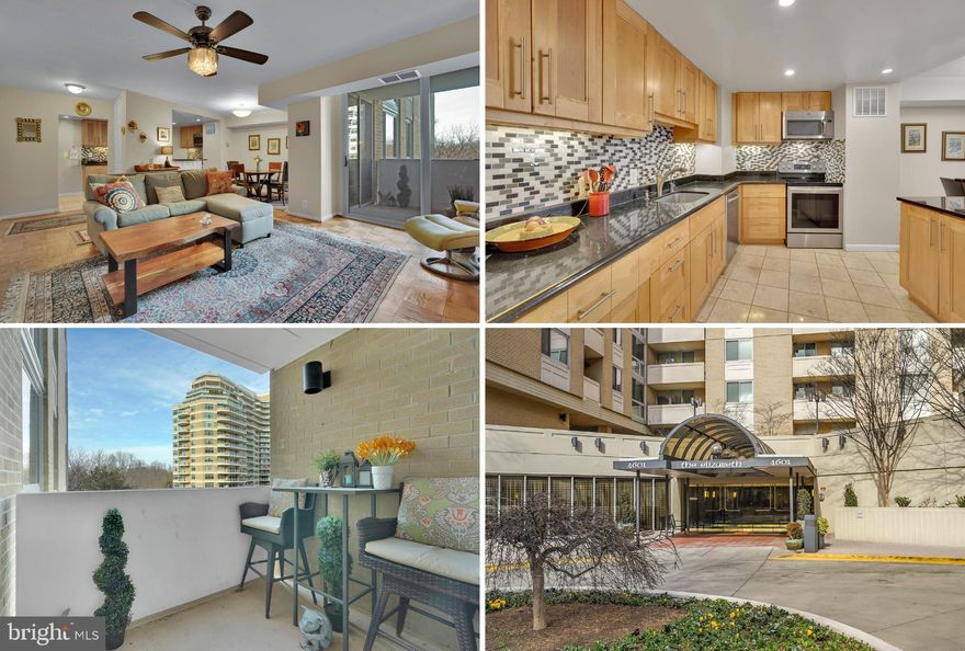 Fabulous opportunity to own in a luxurious building with great amenities and included parking!!  In a 24/7 secure, concierge building (with helpful, fun and friendly front desk staff), recent updates, a convenient location and wonderful amenities can all be found in this fabulous, peaceful 1-bedroom condo. Within walking distance to Friendship Heights Metro, WholeFoods, shops and restaurants and the local community center, you can leave your car in your reserved  garage spot and explore the convenience of the Friendship Heights neighborhood. An open layout and wood floors make entertaining enjoyable, thanks to the opened-up kitchen now with a breakfast bar. There is generous kitchen cabinet space and convenient in-unit washer and dryer. Located on the quieter side of the building,  the charming balcony (and not every unit has one!) has space for a cafe table and chairs where you can relax and enjoy fresh air. The bedroom has 2 spacious closets, a flexible built-in cabinet for additional storage, and a replacement convector / HVAC unit. Utilities are included in the condo fee, along with all the amazing amenities that The Elizabeth is known for. There are lounges, party and meeting rooms, a library, a fitness center, 24-hr front desk and the beautiful indoor pool. The garage even has EV charging stations! Additional storage is available and there's plenty of guest parking. Restriction of 1 pet per unit.