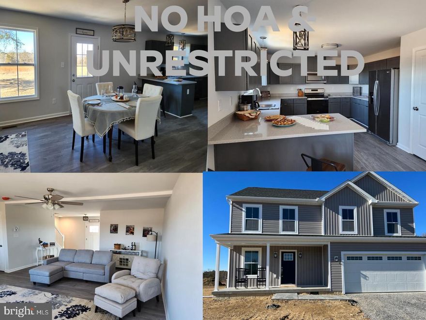 ( New Built Ready to Move In. Price Change. )Buyer to pay transfer stamps. Beautifully newly built home on a 0.39 Acre lot and unrestricted. 4 bedrooms, 2.5 baths, attached 2 car garage with opener.  Take in the views from the covered front porch or the 17 x 12 cement back patio outside the dining room.  The kitchen has 36-inch cabinets, granite countertops, stainless steel appliances, and wood floors on the entire first floor. The upstairs has 4 large bedrooms and 2 full baths. In the primary bedroom, you can walk into the bathroom with double sinks and a large shower with glass doors, and from the bathroom into a large walk-in closet.  Laundry room with a utility sink, and dual HVAC units.  This home has so many amenities just waiting for its new family.

Please wear shoe covering before viewing the house they will be provided. Thank you