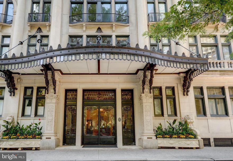Welcome to 1830 Rittenhouse, the first high rise building on the Square. The original 1920s sidelights continue to decorate the main entry. Step off the elevator onto the 15th floor of 1830 Rittenhouse, where you are greeted by a grand three bedroom 4,5 bathroom home. This dwelling has been meticulously
updated and maintained, with 10 foot ceilings and restored plaster moldings. Only one other unit occupies this floor. Upon entering the home you are greeted by a spacious, elegant formal hall. With is herringbone wood floors. Beyond the hall is a bright, spacious living room, where a wall of windows provides a northern view of the Square and the skyline. Off the living room French doors lead to the formal dining room. The dining area flows directly into a comfortable den featuring a large seating area, a modern vented fireplace surrounded by a wall of custom floor to ceiling cabinets.  Bay windows provide even more views of Rittenhouse Square. Off the great room a bright and sunny south-facing kitchen, designed by Joanne Hudson The Downsview cabinets and shelving were all custom designed for the space, and reach the ceilings. As a highly functional catering kitchen, there are two stoves and two sinks. One stove is a Wolf with four burners and two ovens, the other a Dacor. The counter tops are granite. Suspended glass lighting, honey-toned cabinets, white floor tiles and a south facing window add to the brightness of the space. In the middle, an island serves double duty as a seating/eating area. An informal dining area occupies a corner of the kitchen, featuring built banquet ,numerous windows and a fireplace. Nearby is a powder room, with black and white tiled walls, and an elegant copper sink, Beyond the kitchen is a cozy bedroom with its own subway-tiled bath and shower Adjacent to the bedroom is the laundry room, with side-by-side washer and dryer, a separate sink, custom cabinets and hanging space. The primary suite features Original arched windows providing views of the square. Through an arched door in the bedroom, a separate room is currently used as a home office. There are 2 primary bathrooms and large walk-in closets in each. The third bedroom suite is bright and airy, with a ensuite bath. This room also contains floor to ceiling custom cabinetry, and a walk-in closet. Amenities of the building include the only remaining attended elevator in Philadelphia, a gym in the basement, easy access to museums, theaters, restaurants, schools, shops, the airport, rail stations, and - of course - Rittenhouse Square