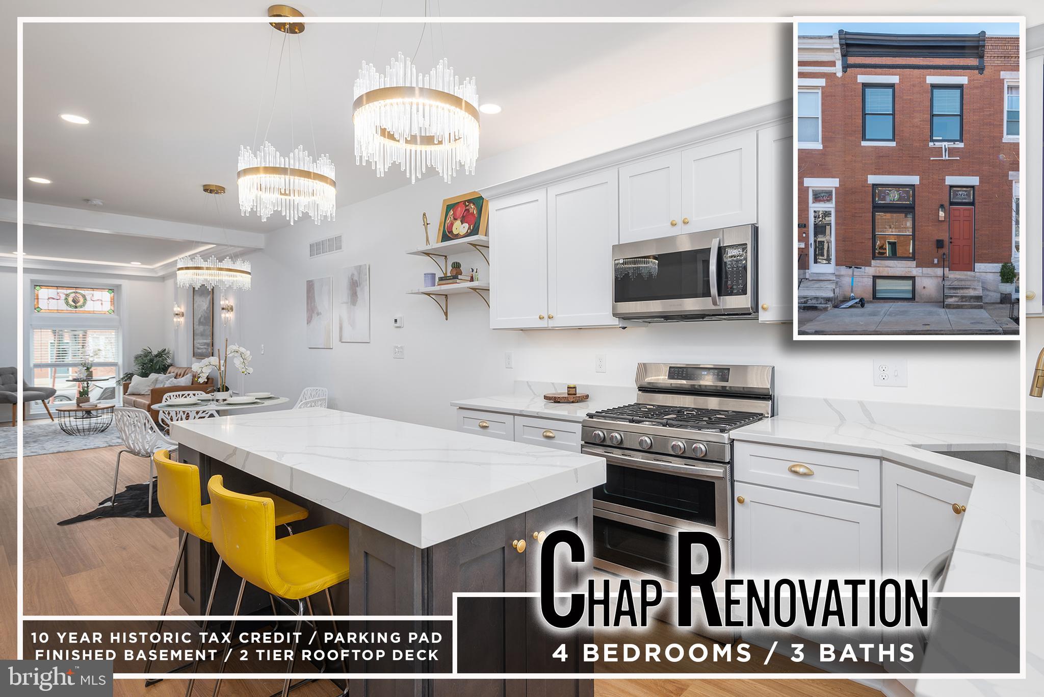 STYLISH & SLEEK TAX CREDIT PRE-SALE WITH 2 TIER ROOFTOP DECK & PARKING! Quick delivery! Features include an open floor plan with wood flooring throughout, an inviting living room with a custom accent wall and dining area, gourmet island kitchen with granite counters & ss appliances, upper level with a Primary bedroom suite with a full bath and 2nd bedroom with a hall bath, a fully finished basement with 2 bedrooms and a full bath, a 2 tiered rooftop deck with sweeping views, & off street parking! 10 Year CHAP Tax Credit = Save Thousands!! Pictures are of a similar completed renovation by the same builder.