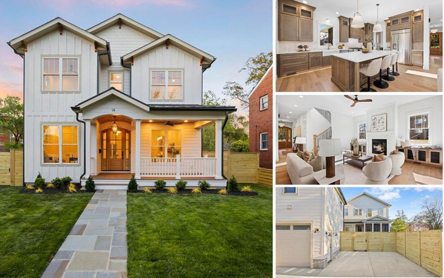 Construction is complete and now move in ready. Welcome to 14 E Monroe Ave — a stunning 2026 new construction by the Zelaya Homes Real Estate and Construction Team, perfectly positioned near the border of Del Ray and Rosemont on a corner lot that gives you space between neighbors. This exceptional home offers something almost impossible to find in today's market: a fully finished studio ADU apartment above a detached garage. A fully permitted living unit with its own entrance, full kitchen, full bath, in-unit laundry, and independent HVAC and water heater, perfect as an au-pair or in-law suite or income unit. Three fully finished levels feature 10-foot ceilings on the main level, 9-foot ceilings above and below, refined White Oak engineered hardwood floors, custom millwork and molding, and brushed brass fixtures throughout for a timeless, elevated feel. A deep front porch with Trex composite flooring, wood panel ceilings, and a signature arched ceiling framing a solid wood arched front door makes an unforgettable first impression. The exterior features HardiPlank cement board siding, vinyl-clad windows, and architectural shingles with standing seam metal roofing in a custom-curated color palette. On the main level, an open-concept kitchen and family room connect to a screened-in back porch for effortless indoor-outdoor flow — a layout made for entertaining. The kitchen features SKS stainless appliances including a 42" built-in refrigerator, 36" gas range, double wall oven, and microwave drawer, plus an oversized island with seating for four and a second prep sink. Quartz countertops, double-stacked wall cabinets, a walk-in pantry, butler's pantry with a beverage or wine fridge, and two pull-out trash cabinets ensure the space is as functional as it is beautiful. The dishwasher features a custom cabinet panel-front for a seamless built-in look. A mudroom provides a drop-zone for busy families. A gas fireplace with custom built-in cabinetry anchors the family room, and a private study with full ensuite bath — ideal as a guest room or office — plus a powder room complete the level. Upstairs, four spacious light-filled bedrooms each feature custom built-in closet organizers, ceiling fans with solid wood blades and remote controls, and multiple windows. Two bedrooms have private ensuite baths; a hall bath includes a double vanity. The primary suite has three closets including a walk-in, and a spa bath with heated floors, dual-head shower, soaking tub, double vanity, water closet, and LED-lit mirror. A dedicated laundry room completes the upper level. The finished basement adds a large rec room, wet bar with mini fridge and open shelving, a full bedroom with walk-in closet, full bath, and a bonus room for gym, office, or storage — all with 9-foot ceilings and a separate walk-up entrance. Every detail reflects an elevated standard: custom tile in every bath, Delta faucets, LED recessed lighting with dimmers, built-in LED mirrors in all baths, lights in every closet, Cat6 prewiring in all rooms, and a custom wood-and-metal baluster staircase. Two HVAC zones with EcoBee thermostats. The fenced lot has new sod, landscaping, and commercial-grade drainage. Alley access to two parking spots plus the garage totals three spaces. Gas line stubbed for outdoor grill; garage has epoxy floors and EV charging prewiring. Steps from the park and playground next door — visible from inside the home — and a short walk to Mount Vernon Avenue shops and restaurants, this location offers the walkability of Del Ray with the privacy of Rosemont, while remaining delightfully quiet inside. A rare opportunity to own a timeless, meticulously crafted home in one of Alexandria's most desirable corridors.